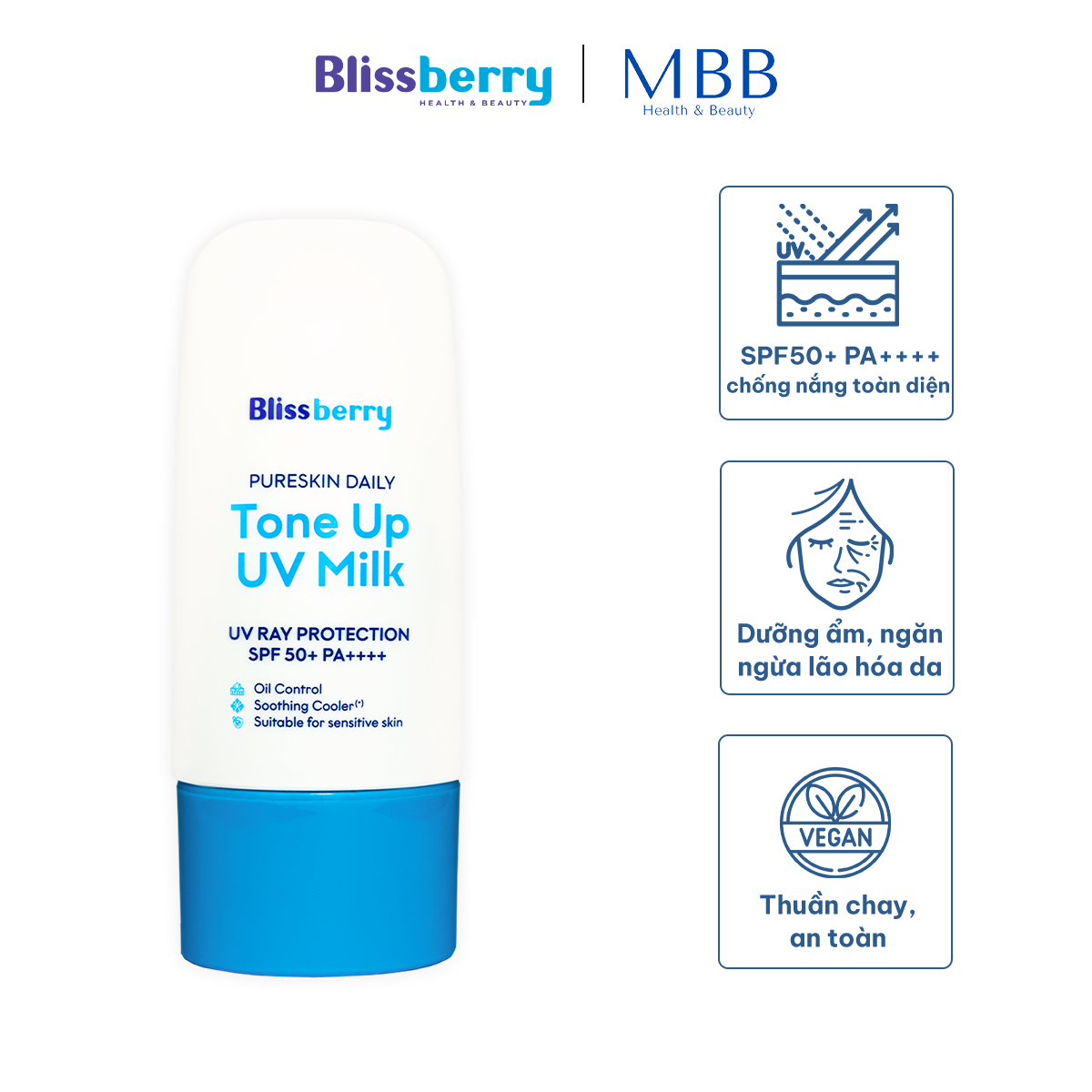 Kem chống nắng nâng tone kiềm dầu SPF50+, PA++++ Blissberry 60ml - 2