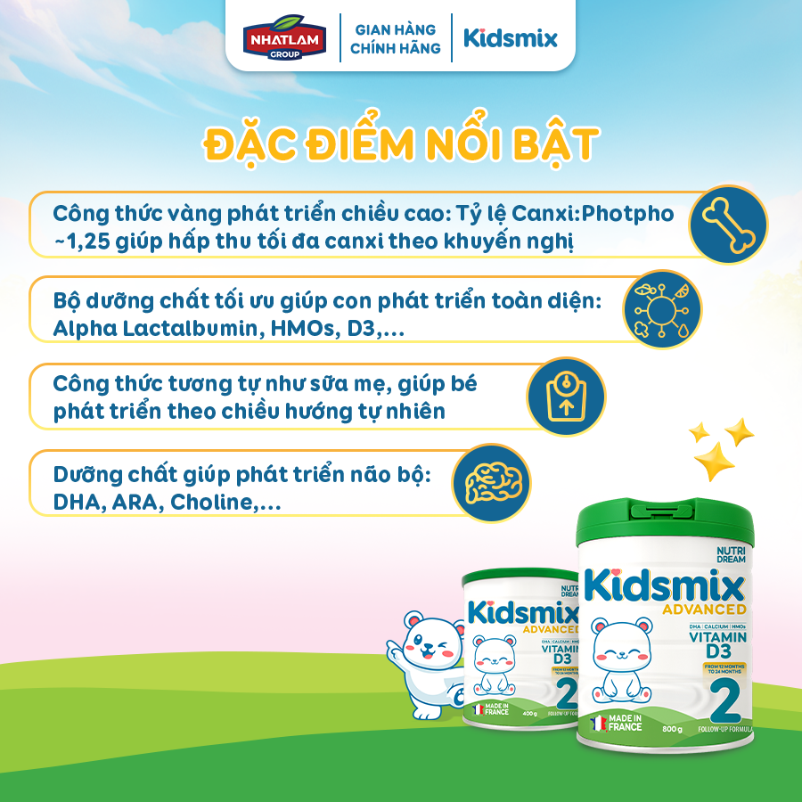 Sữa Bột Kidsmix Advanced Số 2 800gr Dành Cho Bé Từ 12-24 Tháng Tuổi