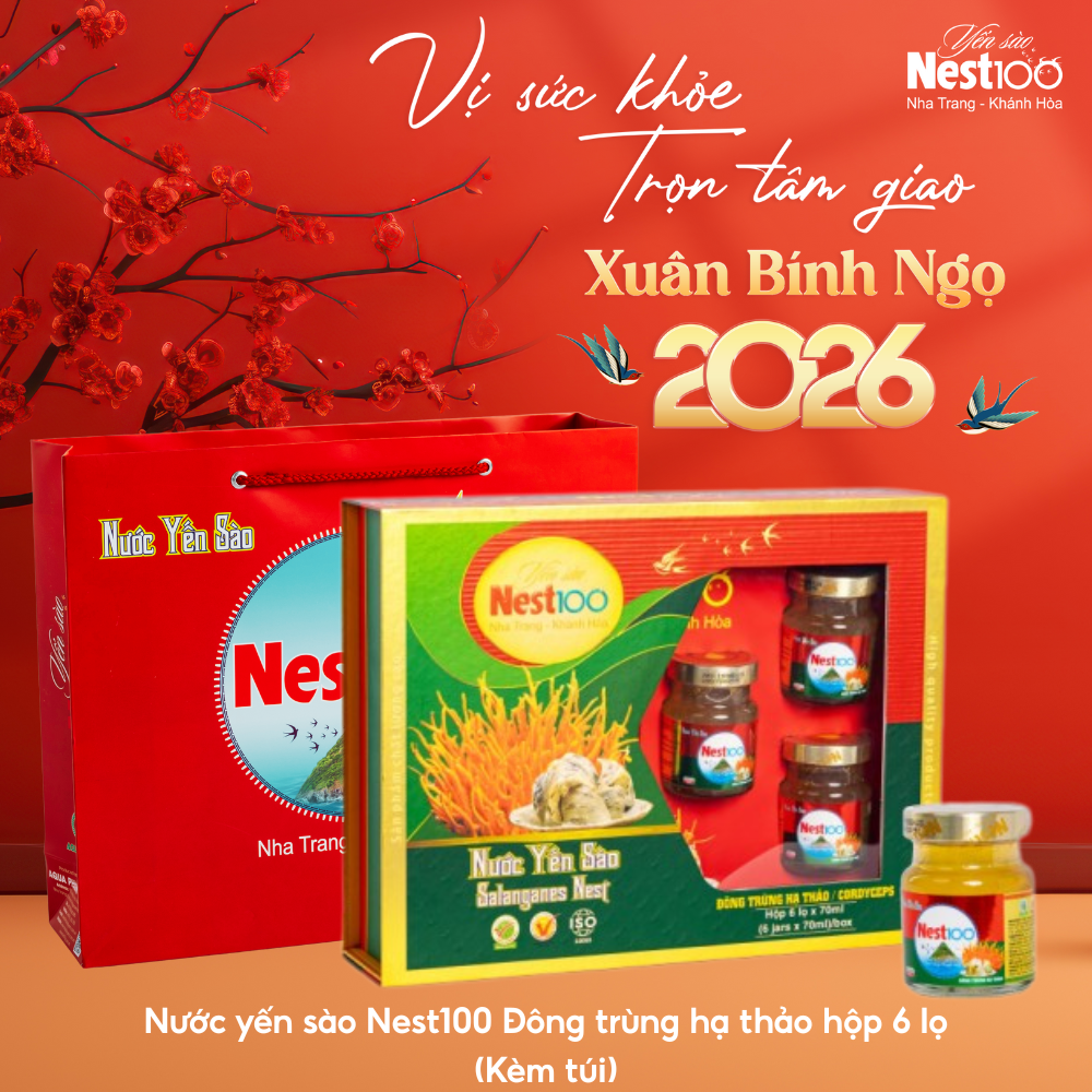 Nước Yến sào Đông trùng hạ thảo Nest100 (6 lọ + túi) - Phân phối chính hãng