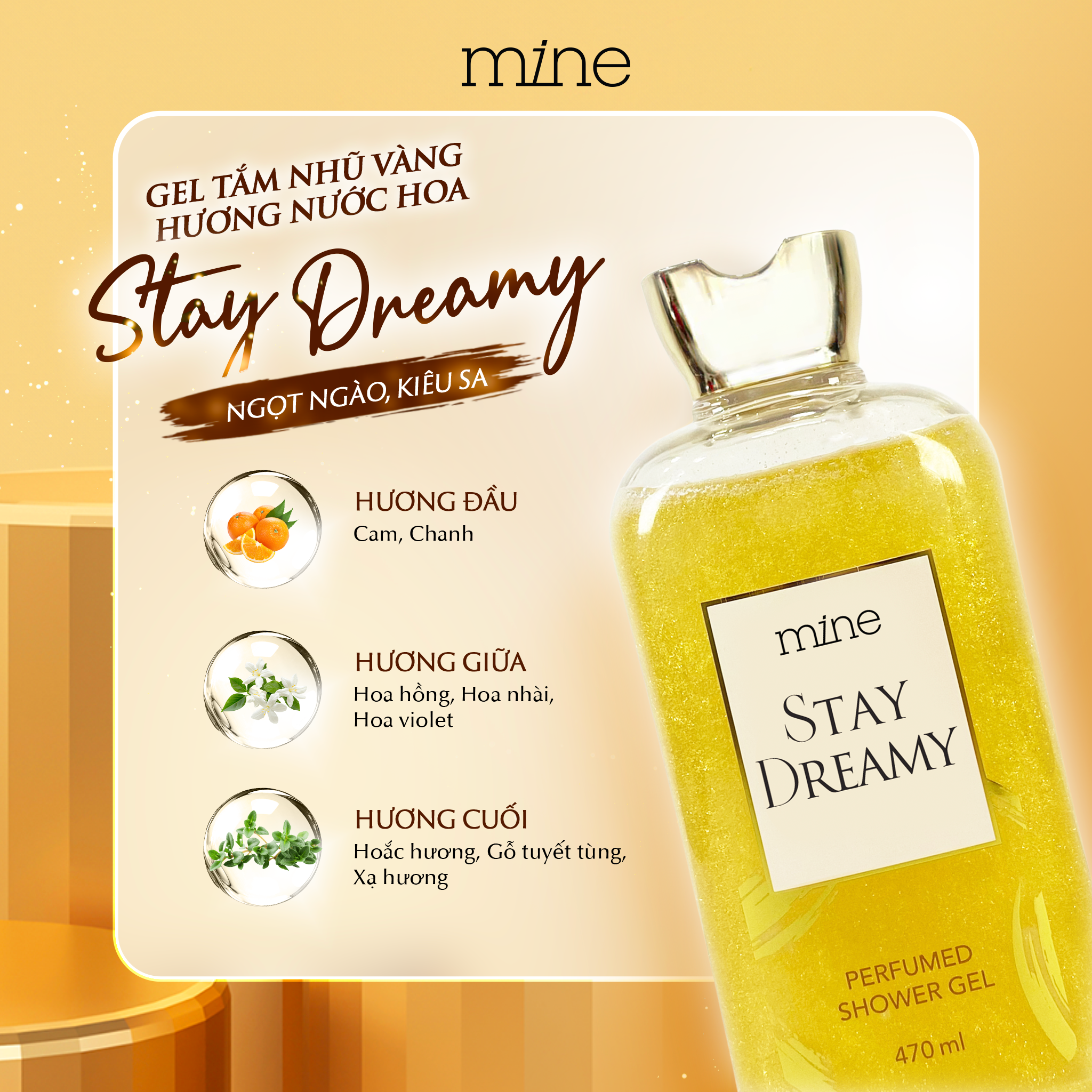 Gel tắm trắng nhũ vàng nước hoa Mine Stay Dreamy 470ml