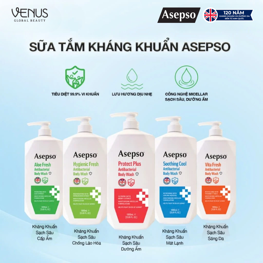 Sữa tắm kháng khuẩn ASEPSO sạch sâu cấp ẩm Chiết Xuất Nha Đam 1000 ml