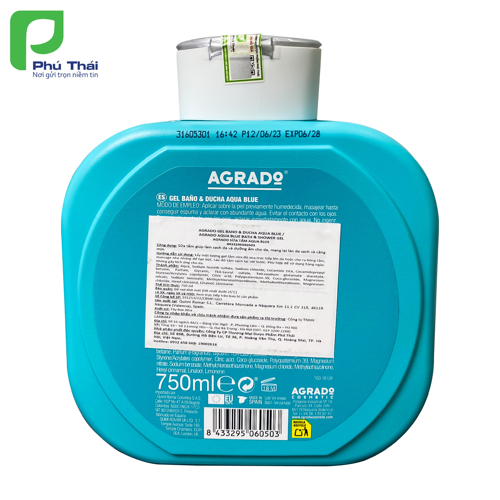 Sữa tắm Agrado Aqua Blue (Chai 750ml) - Hương thơm của hoa jazmin và táo trên nền hổ phách và tuyết tùng