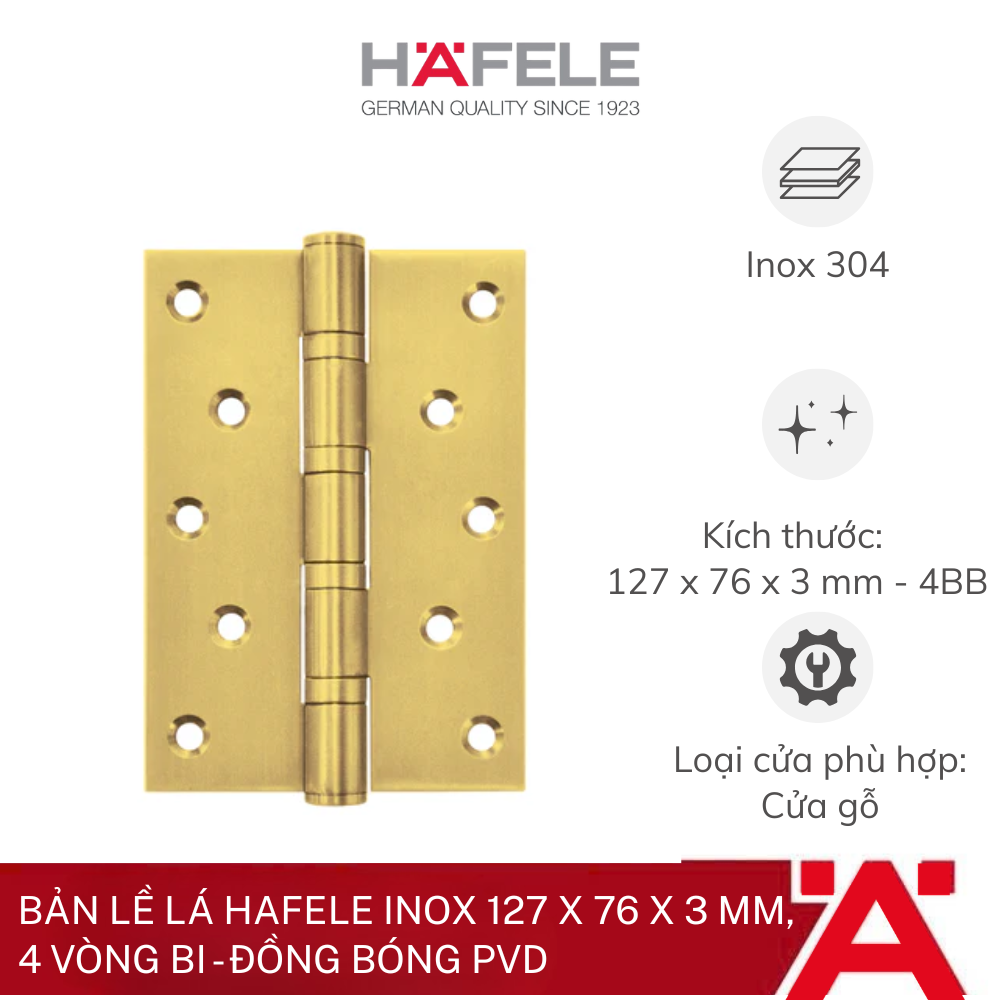 Bản lề lá Hafele inox 127 x 76 x 3 mm, 4 vòng bi - Đồng bóng PVD 489.05.028 - Phân phối chính hãng