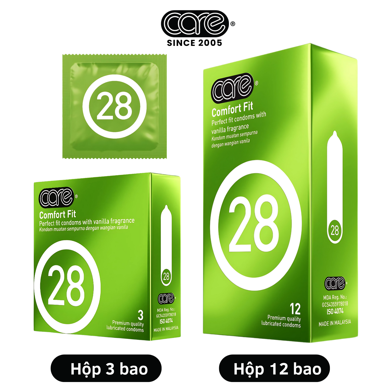 Bao cao su CARE 28 trơn mỏng truyền thống - hương vani (hộp 12 bcs)