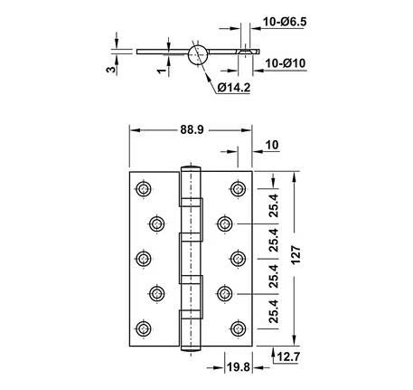 Bản lề lá Hafele 127x89x3mm - 4 vòng bi - Đồng bóng 926.25.208