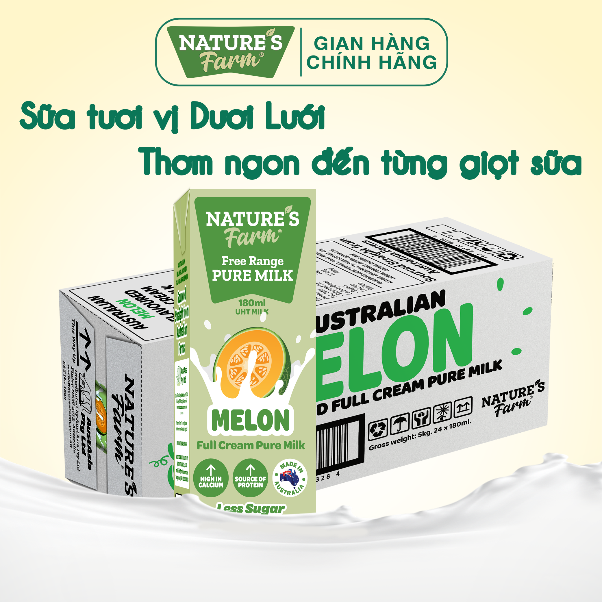 Thùng 24 Hộp Sữa Tươi Nature's Farm Vị Dưa Lưới Hộp 180ml - Phân phối chính hãng