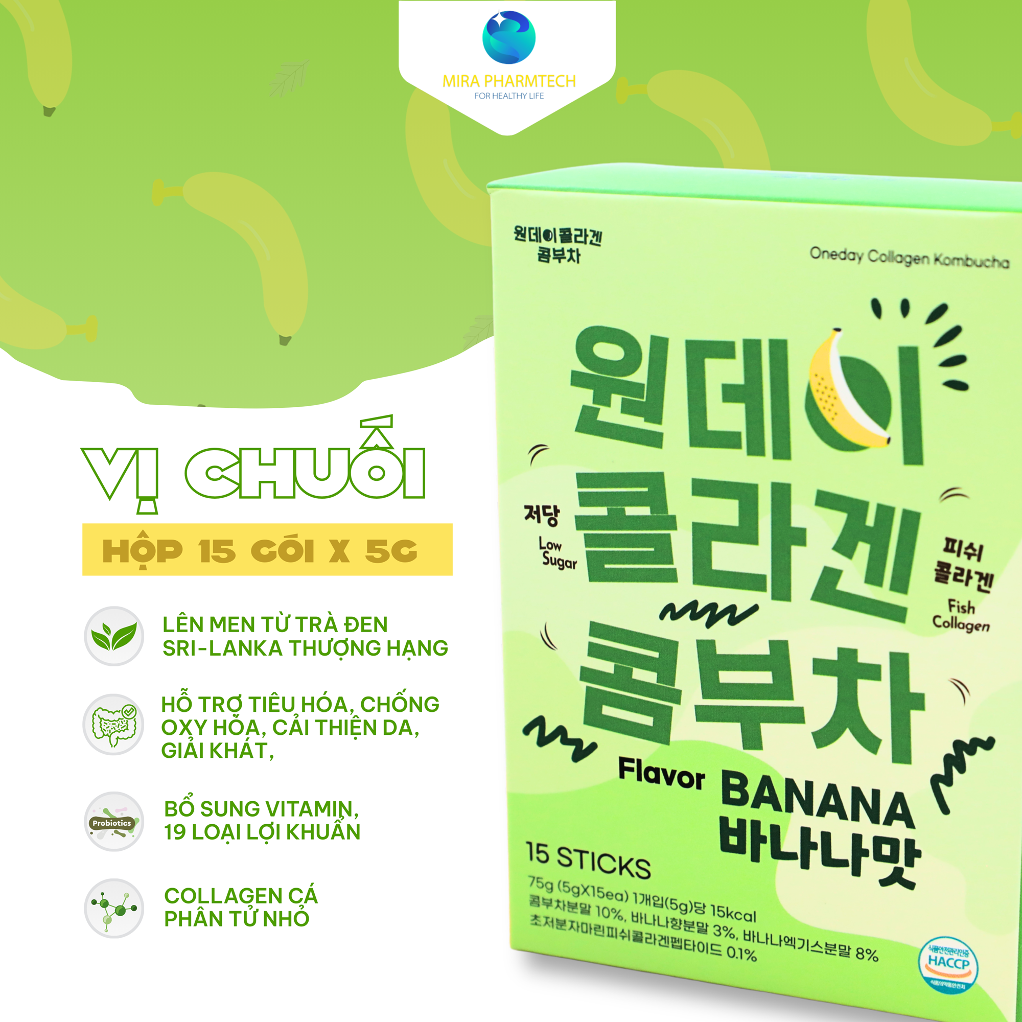Thức uống lên men Kombucha Collagen Oneday hoà tan - giàu lợi khuẩn Vị Chuối (Hộp 15 gói x 5g)