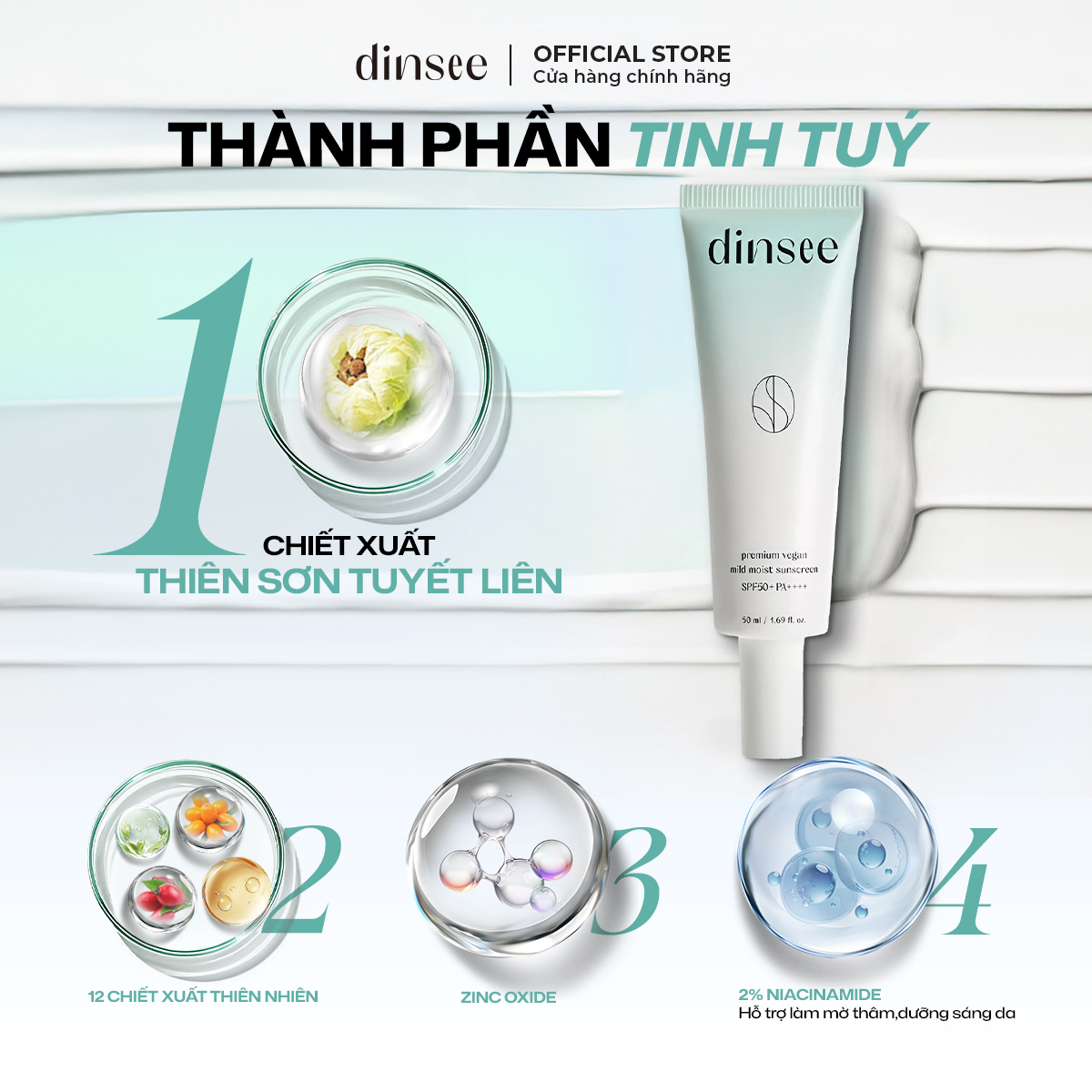 Kem Chống Nắng Vật Lý Thuần Chay Cho Da Dầu Mụn, Nhạy Cảm Dinsee Premium Vegan Mild Moist Sunscreen Spf50+ Pa++++