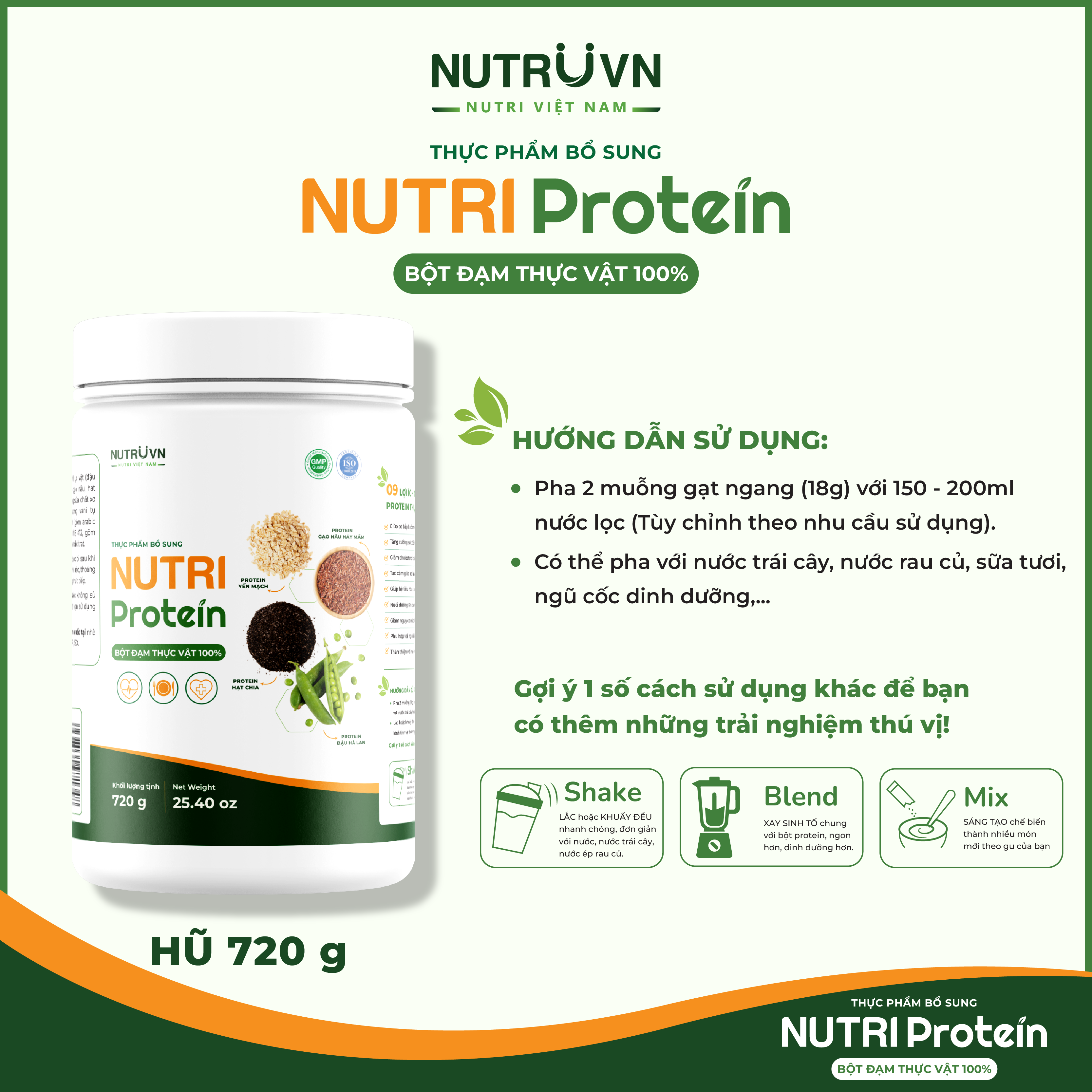 Bột đạm thực vật Nutri Protein hỗ trợ cơ bắp, tăng sức đề kháng, tim mạch (Hũ 720g)