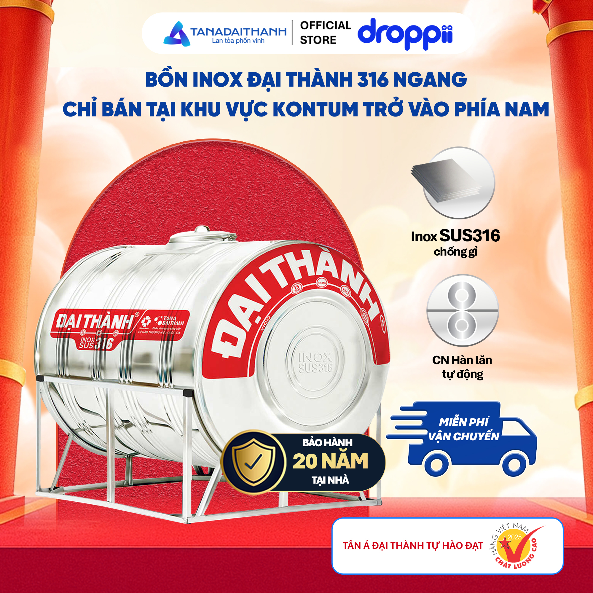 Bồn Inox 316 Đại Thành 1.000N ĐK 940, CHỈ BÁN KHU VỰC MIỀN NAM