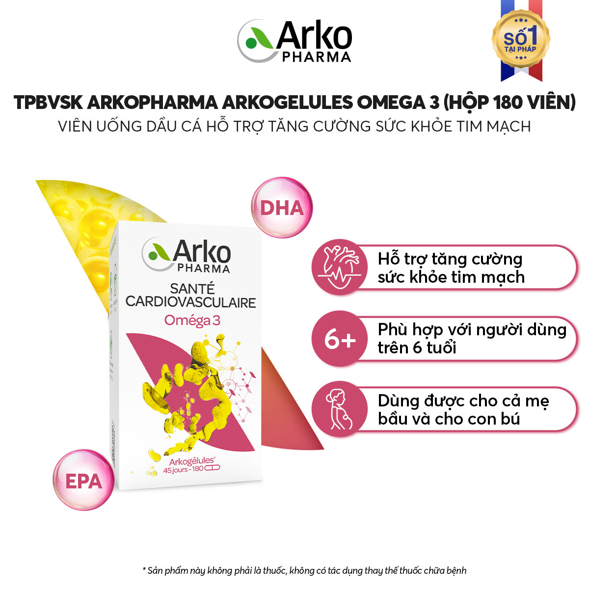Viên uống ARKOPHARMA ARKOGELULES OMEGA 3 hỗ trợ tăng cường sức khỏe tim mạch (hộp 180 viên) - Phân phối chính hãng