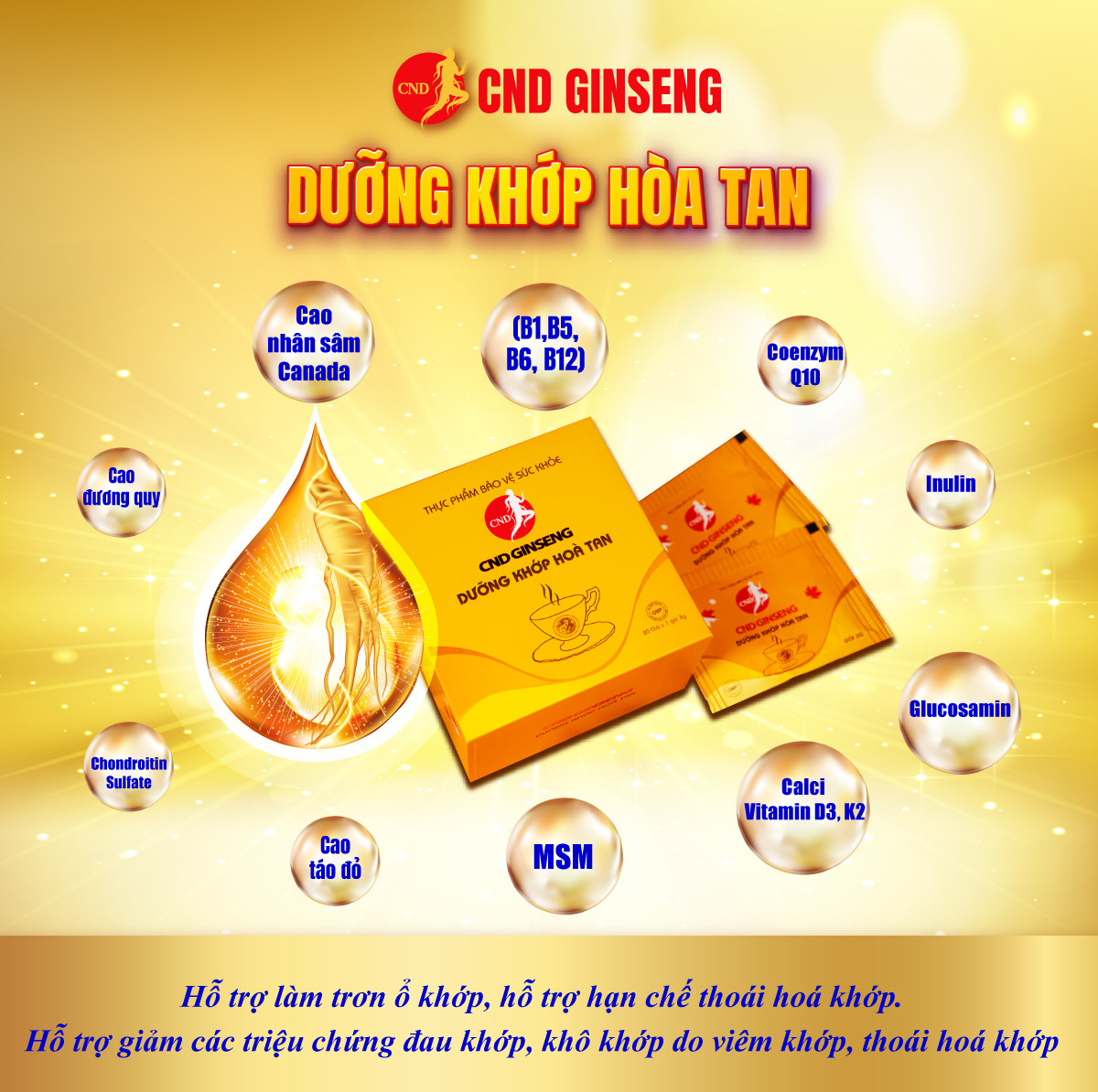 Sâm CND Ginseng Dưỡng Khớp Hòa Tan hỗ trợ giảm đau, khô khớp do viêm và thoái hóa (kèm túi)