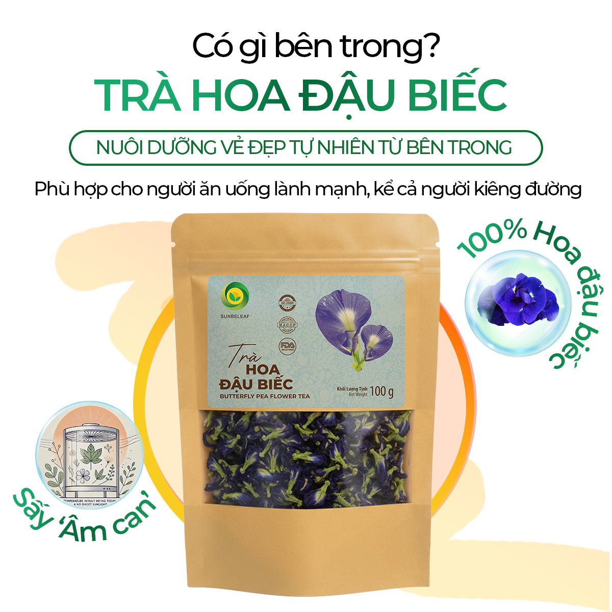 Trà Hoa Đậu Biếc Sunbeleaf - Hoa Khô Pha Trà Và Tạo Màu Thực Phẩm - Túi Zip 100g