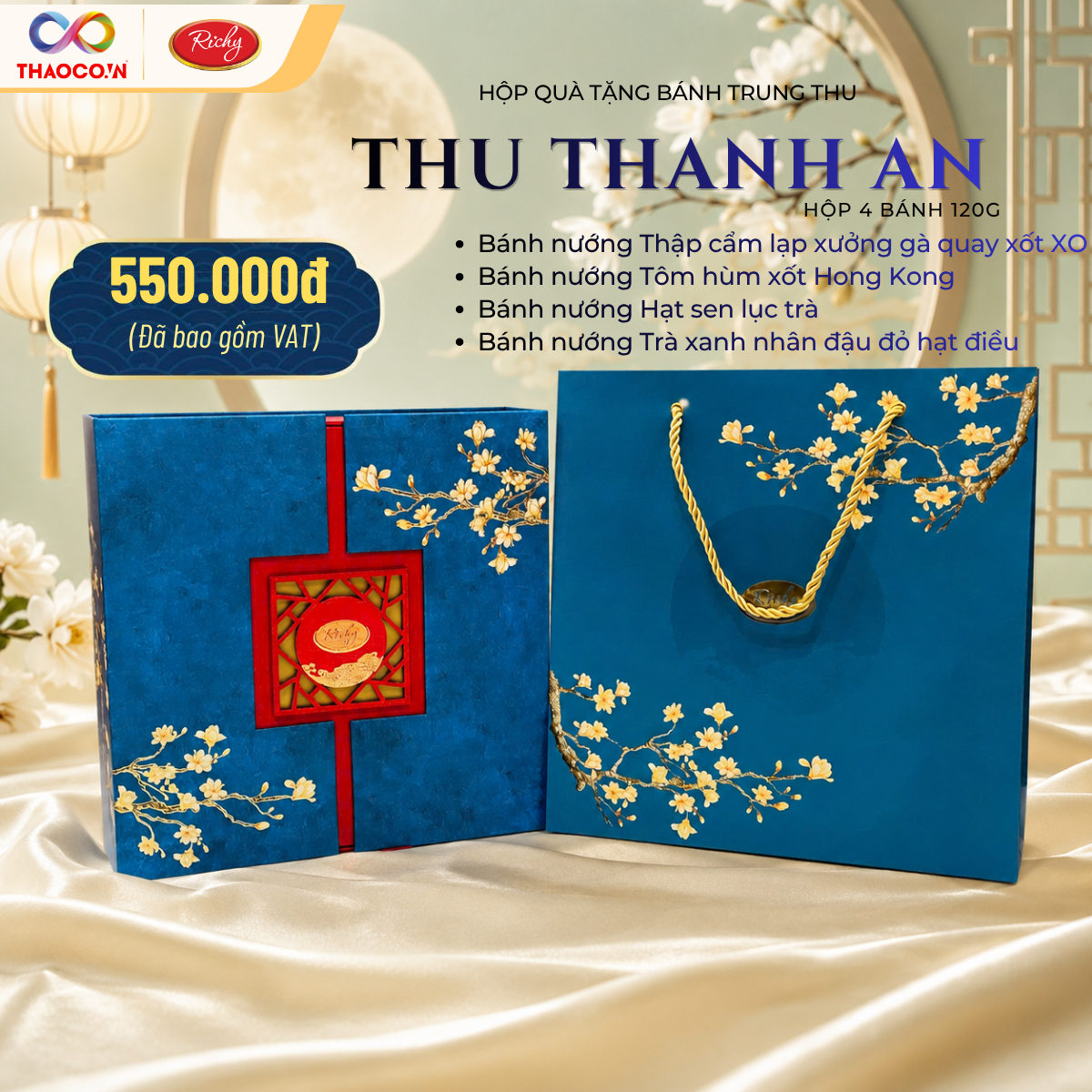 Bánh Trung Thu 2026 - Hộp Thu Thanh An (Richy - 04 bánh 120g) kèm túi - Phân phối chính hãng