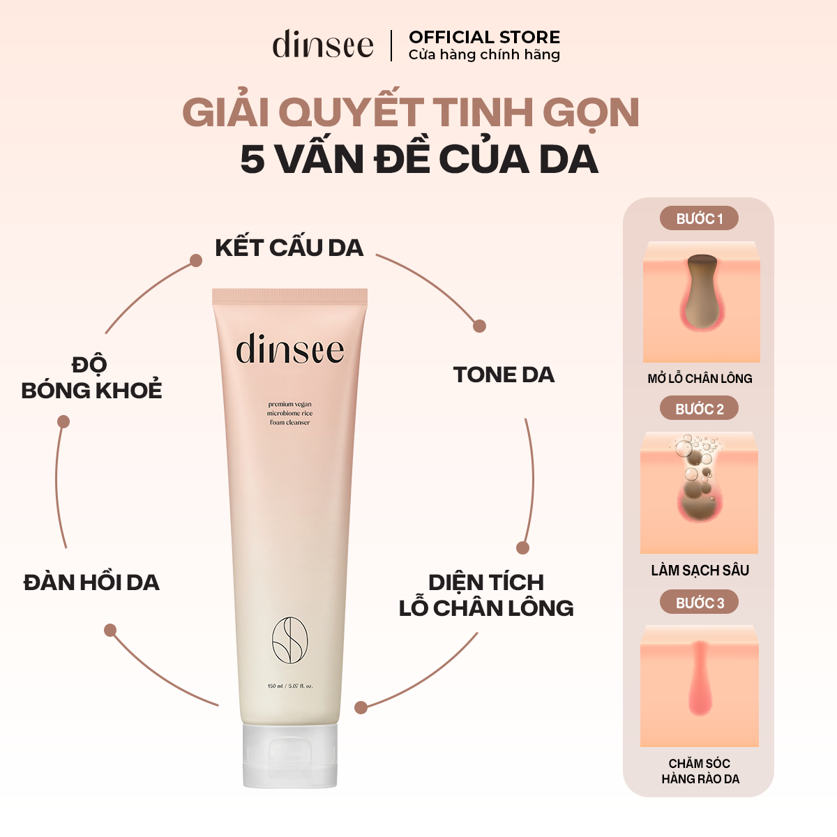 Sữa Rửa Mặt Gạo Thuần Chay Siêu Bọt Microbiome Dinsee Premium Vegan Microbiome Rice Foam Cleanser