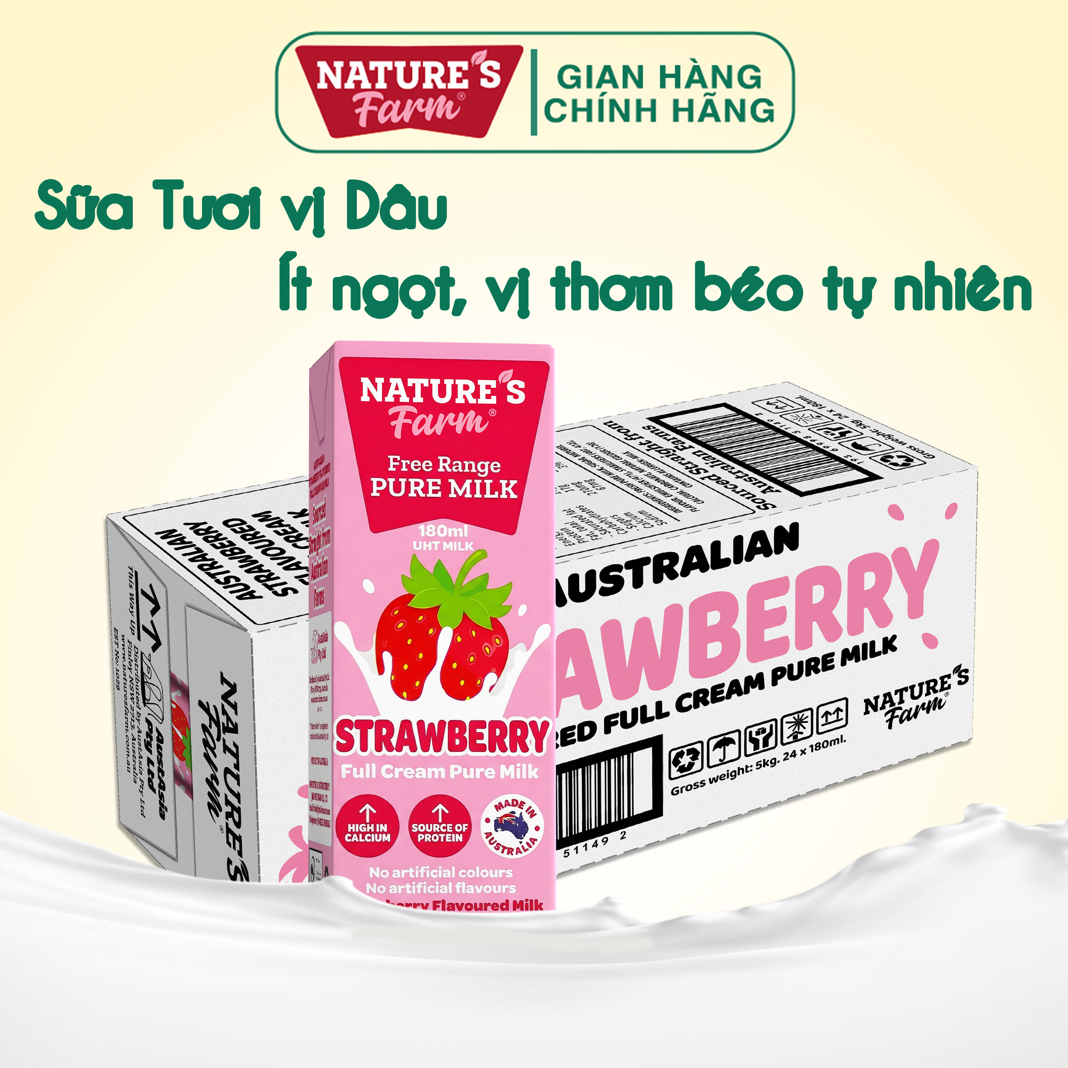 Thùng 24 Hộp Sữa Tươi Nature's Farm Vị Dâu Hộp 180ml - Phân phối chính hãng