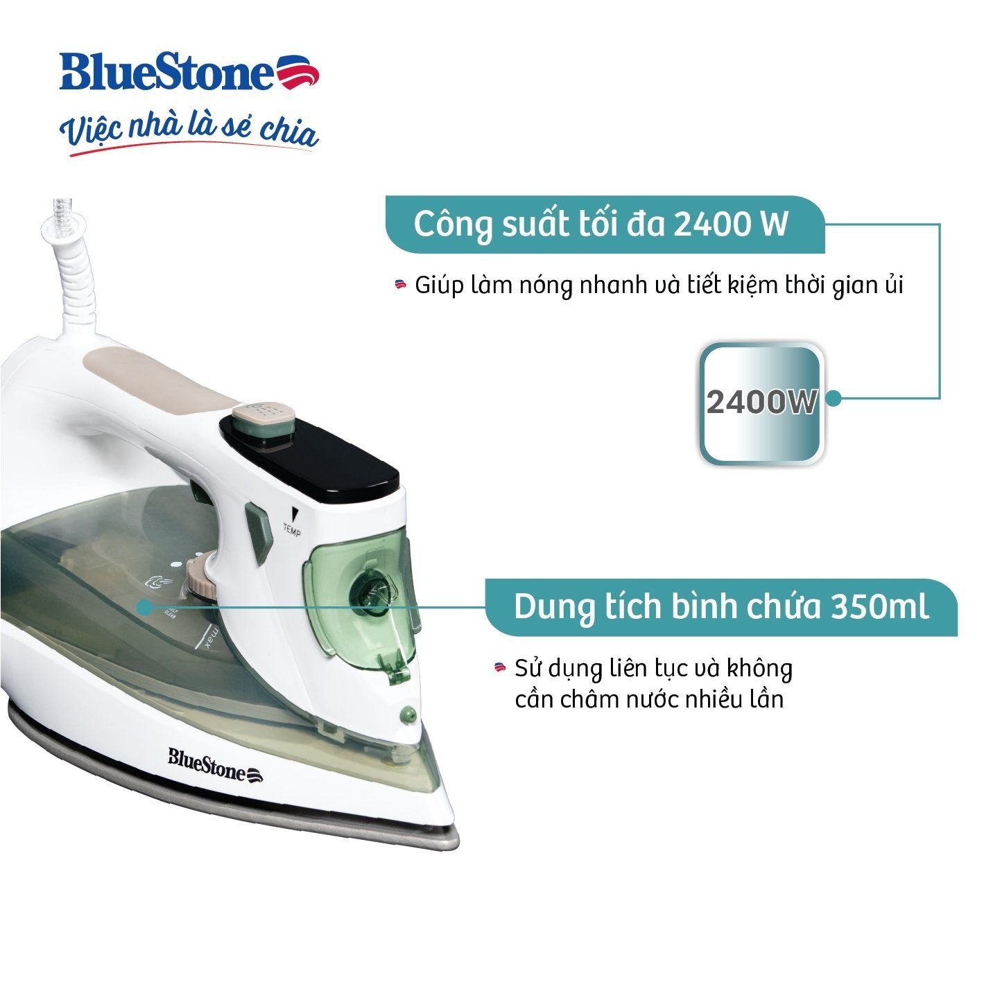 Bàn Ủi Hơi Nước  BlueStone SIB-3879  0.35 Lít 2020-2400W