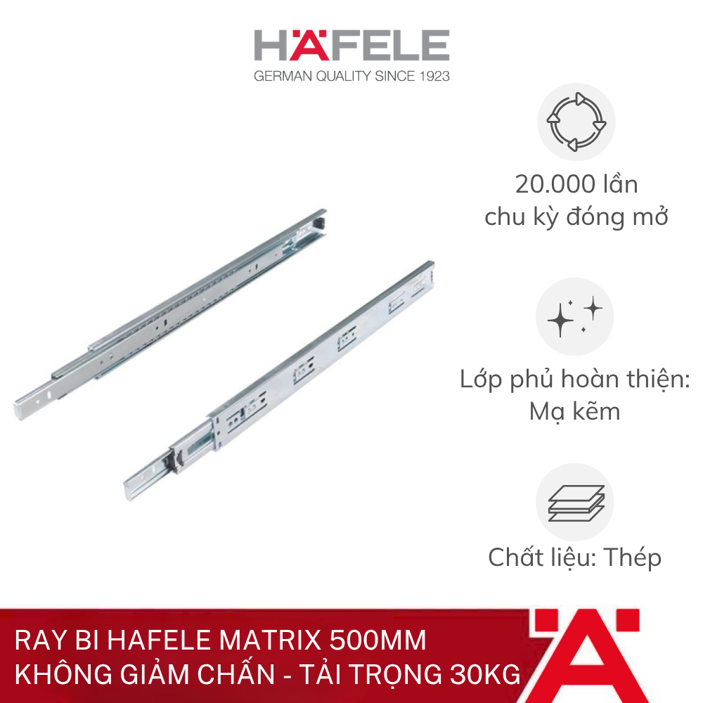 Ray bi Hafele - Matrix 500mm - Không giảm chấn màu sáng - tải trọng 30kg 494.02.465