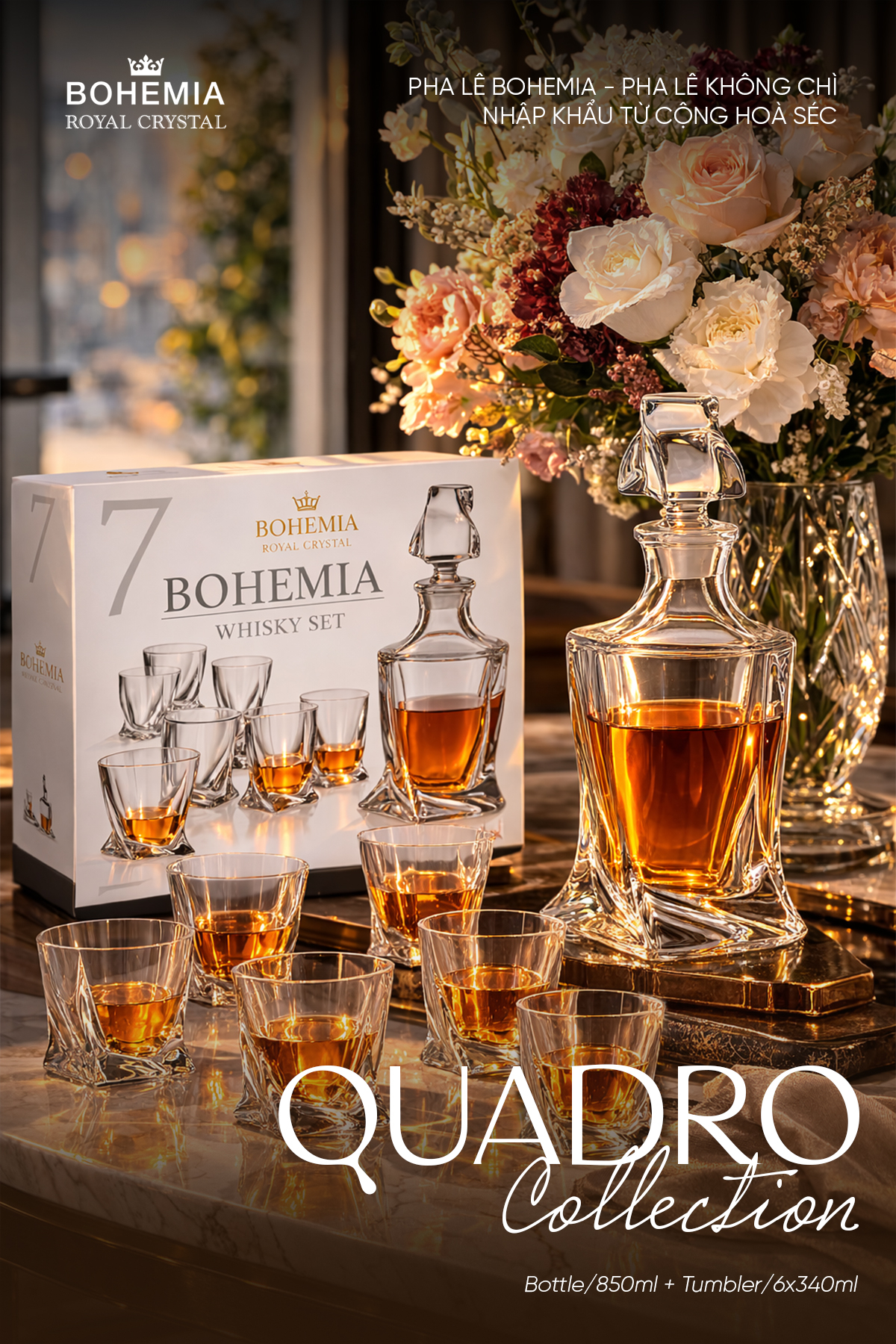 Bộ bình rượu Whisky 850ml và set 6 ly pha lê 340ml Bohemia Royal Crystal