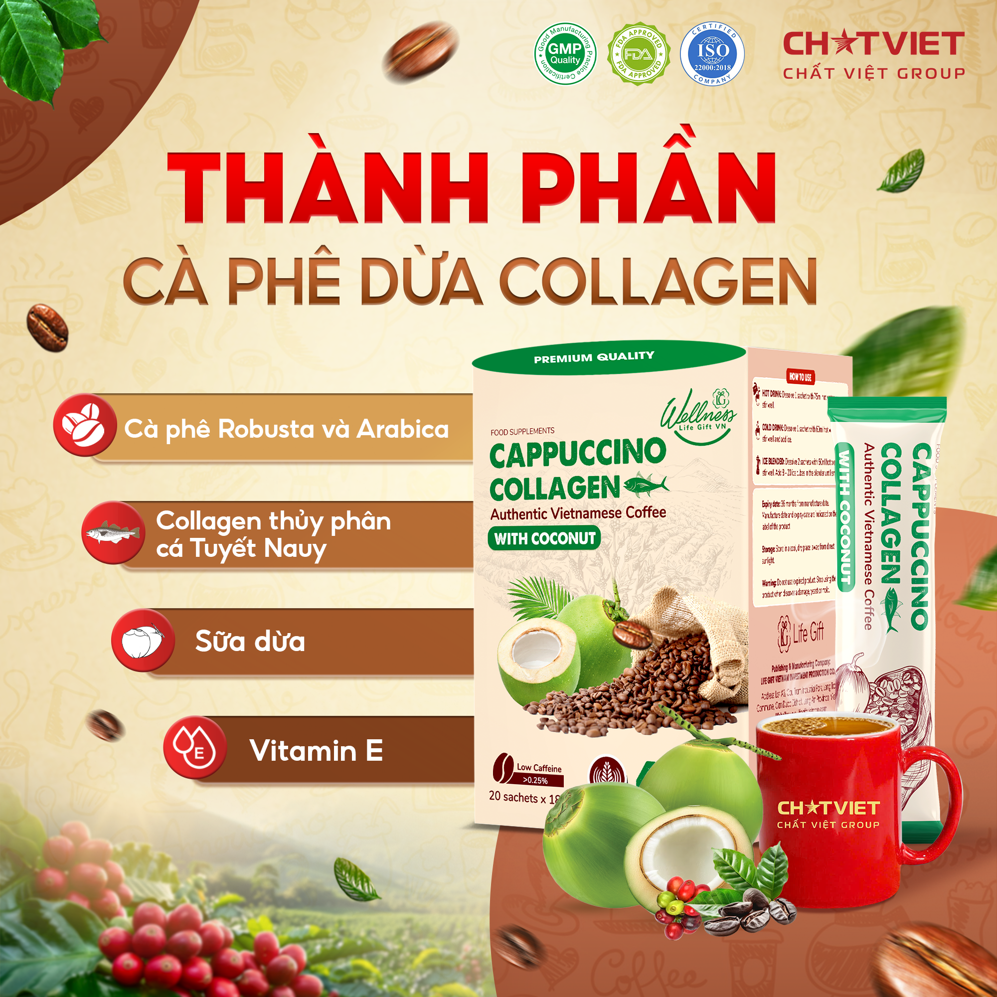 Cà phê dừa Cappuccino Collagen – Giúp tỉnh táo, đẹp da (20 gói x 18g) - 2
