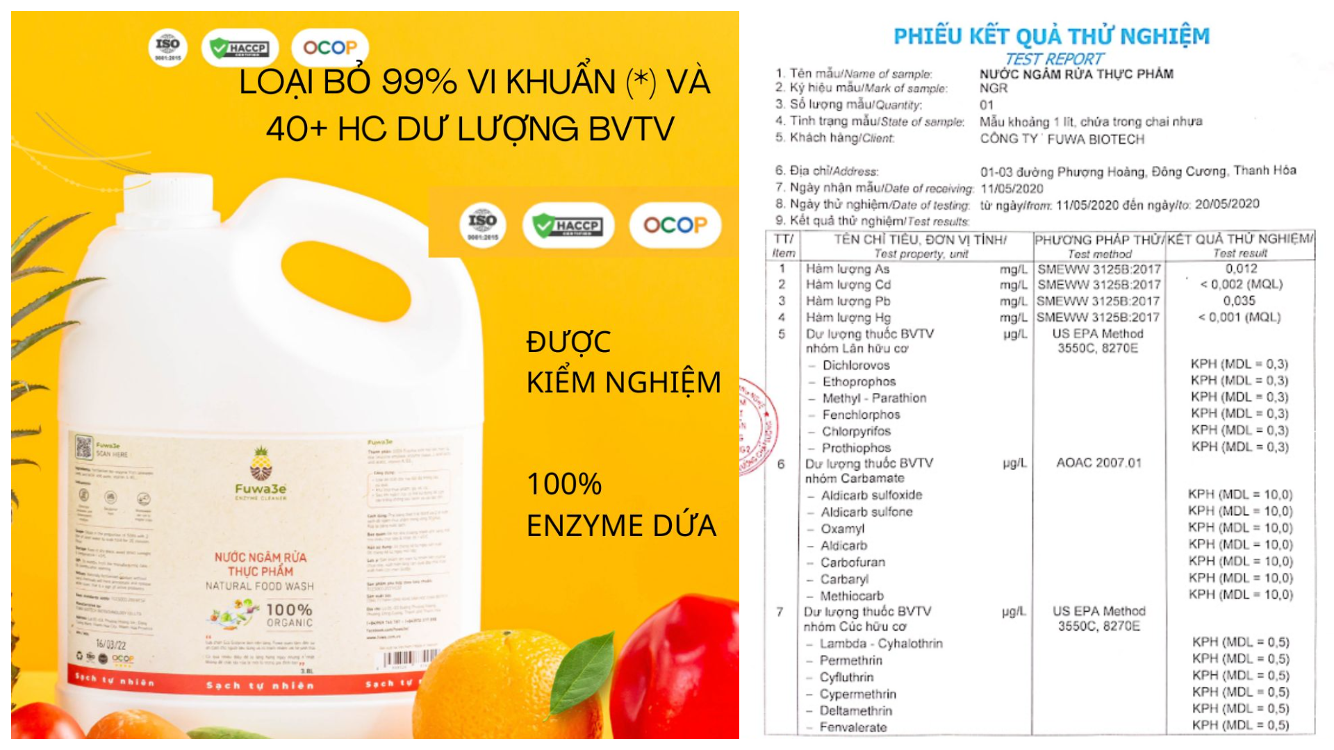 Nước ngâm rửa thực phẩm FUWA3E loại bỏ vi khuẩn và 40+ dư lượng BVTV 3.8L