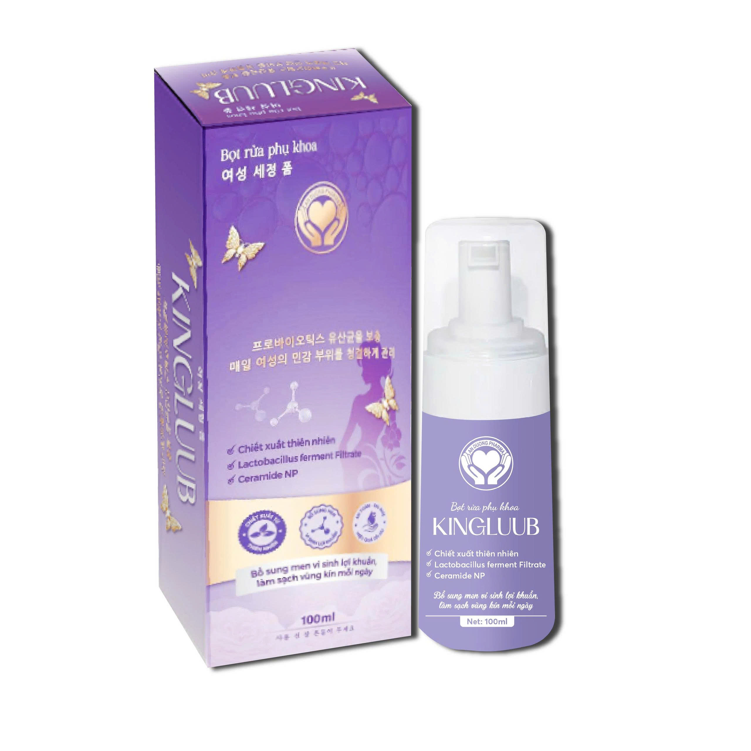 Bọt rửa phụ khoa Kingluub. Bổ sung men vi sinh lợi khuẩn, làm sạch vùng kín 100ml. Màu tím - Phân phối chính hãng