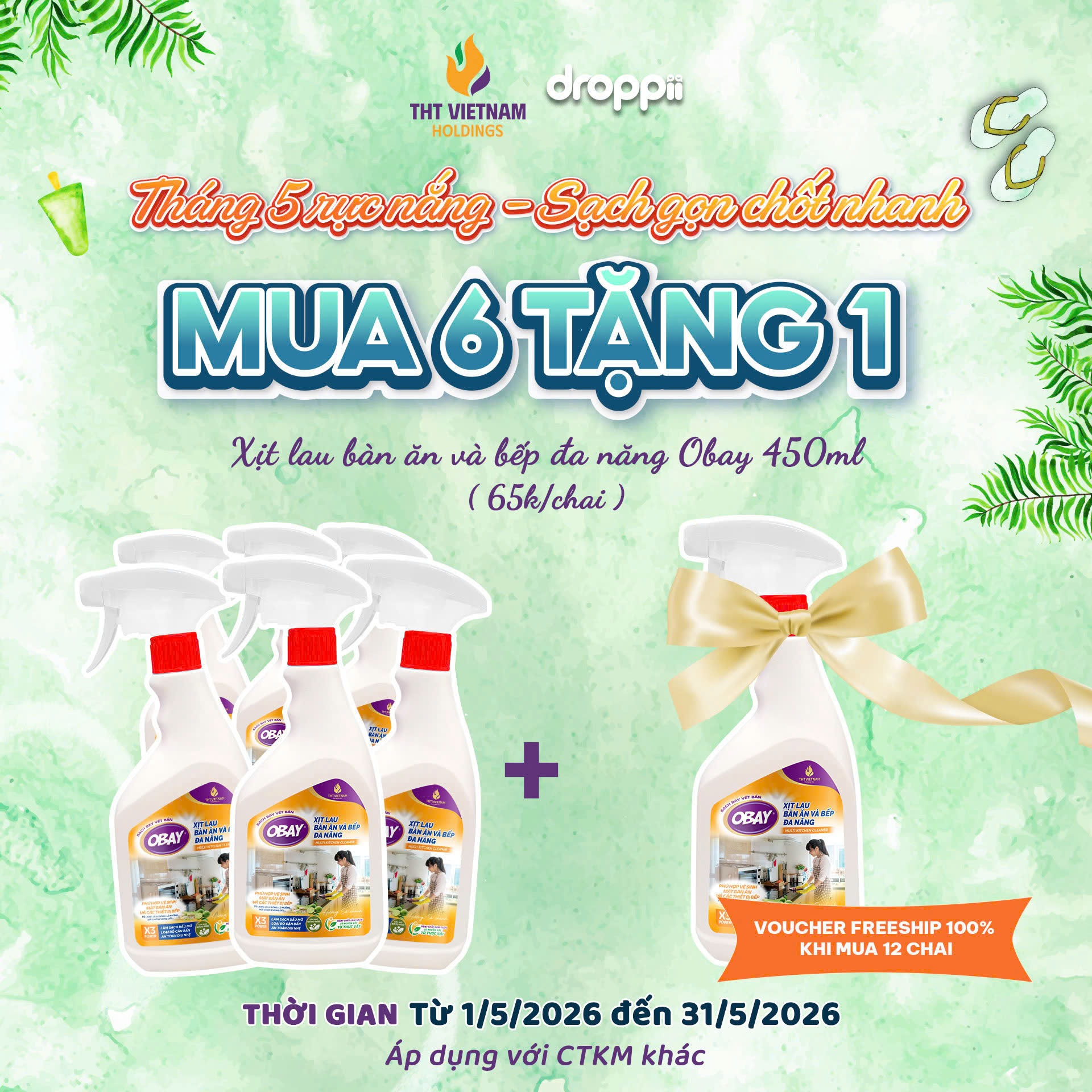 Xịt lau bàn ăn và bếp đa năng OBAY - Hương sả chanh 450ml