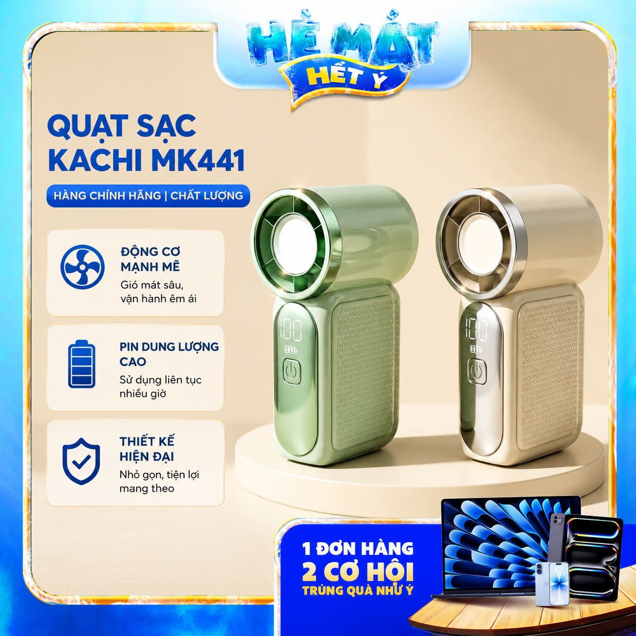 Quạt Cầm Tay Kachi MK441 - Pin Khủng 3000mAh, Màn Hình LED Hiển Thị, 6 Cấp Độ Gió (Bảo Hành 18 Tháng) - Phân phối chính hãng