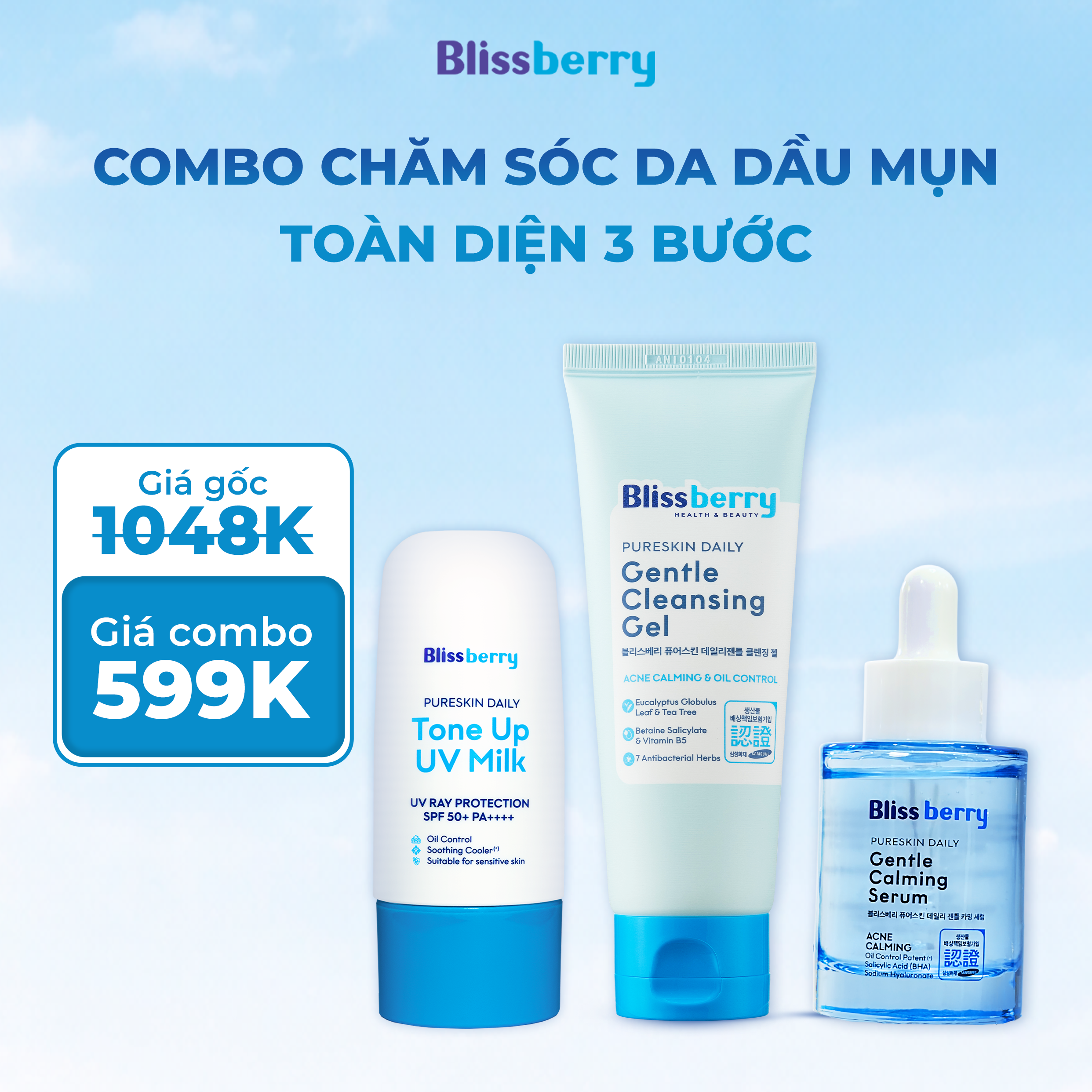 Combo Sữa Rửa Mặt, Serum và Kem Chống Nắng Nâng Tone cho da dầu mụn - Phân phối chính hãng