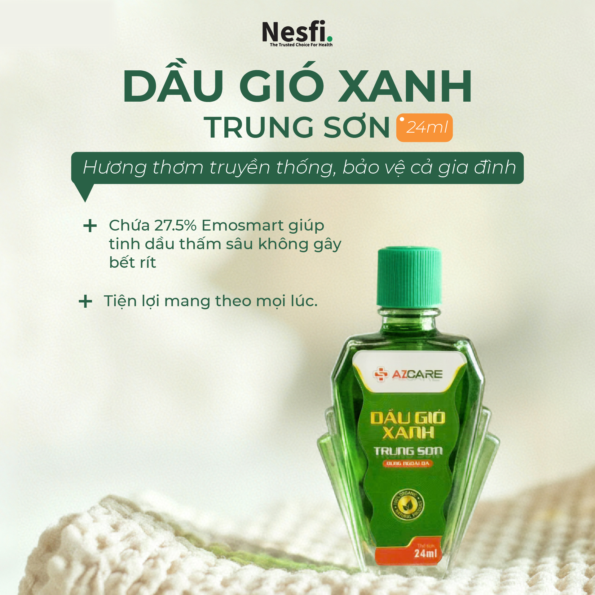 Dầu gió xanh Trung Sơn chai 24ml (Hỗ trợ giảm cảm cúm, nhức đầu, say tàu xe, chóng mặt, ngạt mũi)