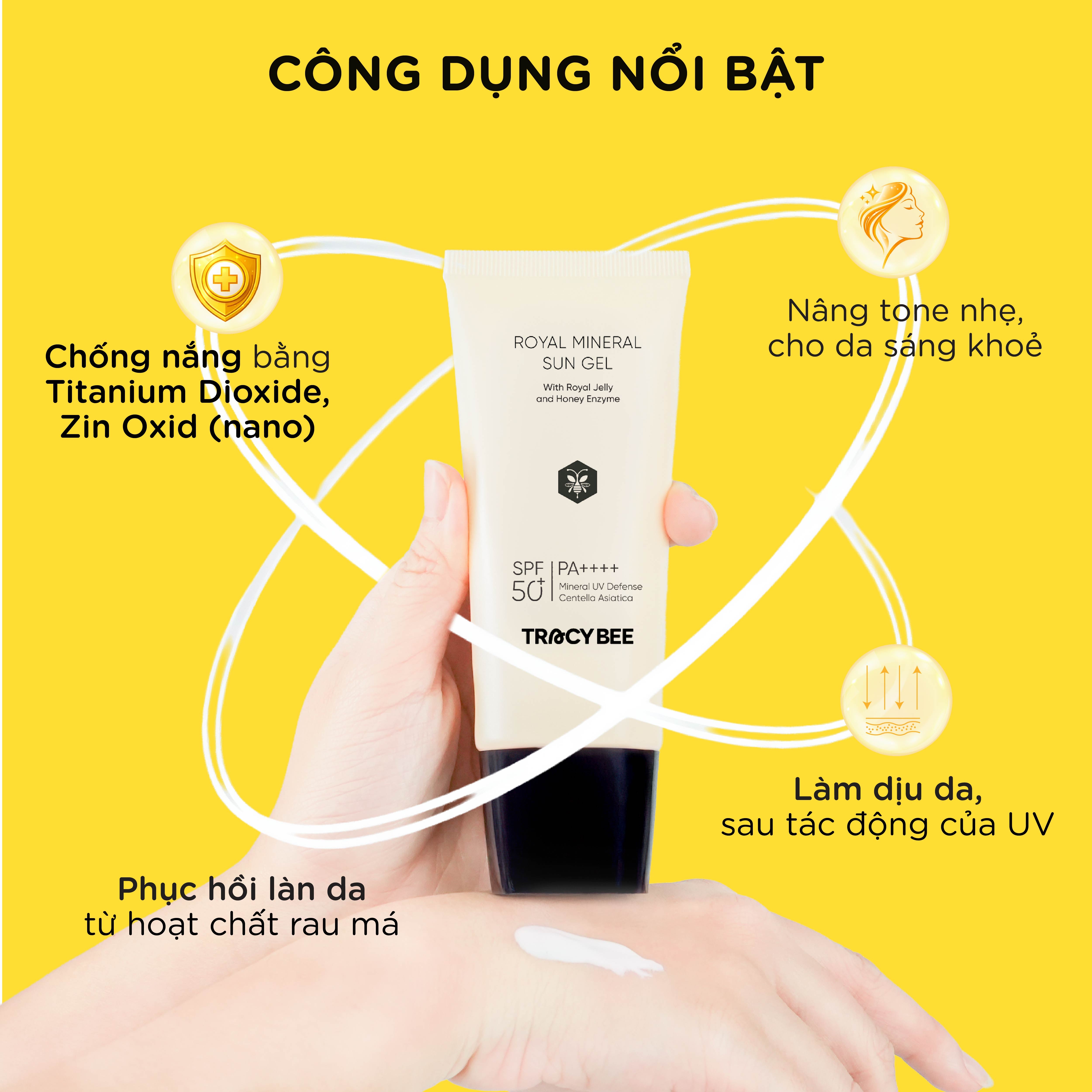 Kem chống nắng vật lý Tracybee Royal Mineral Sun Gel nâng tone cho da nhạy cảm và mẹ bé SPF50+ PA++++(50ml)