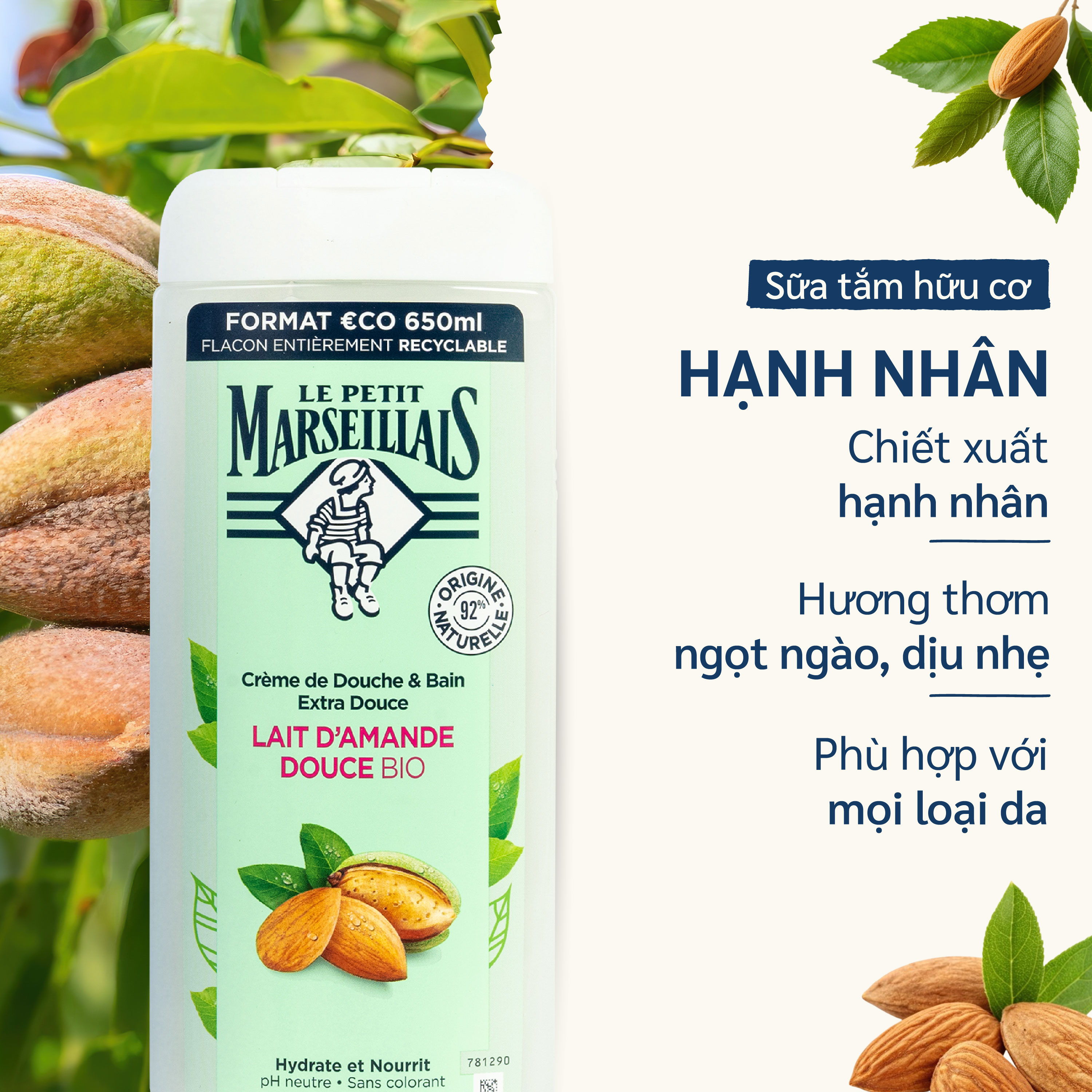 Gel tắm/ Sữa tắm và ngâm bồn dạng kem 92% hữu cơ LE PETIT MARSEILLAIS 650ml