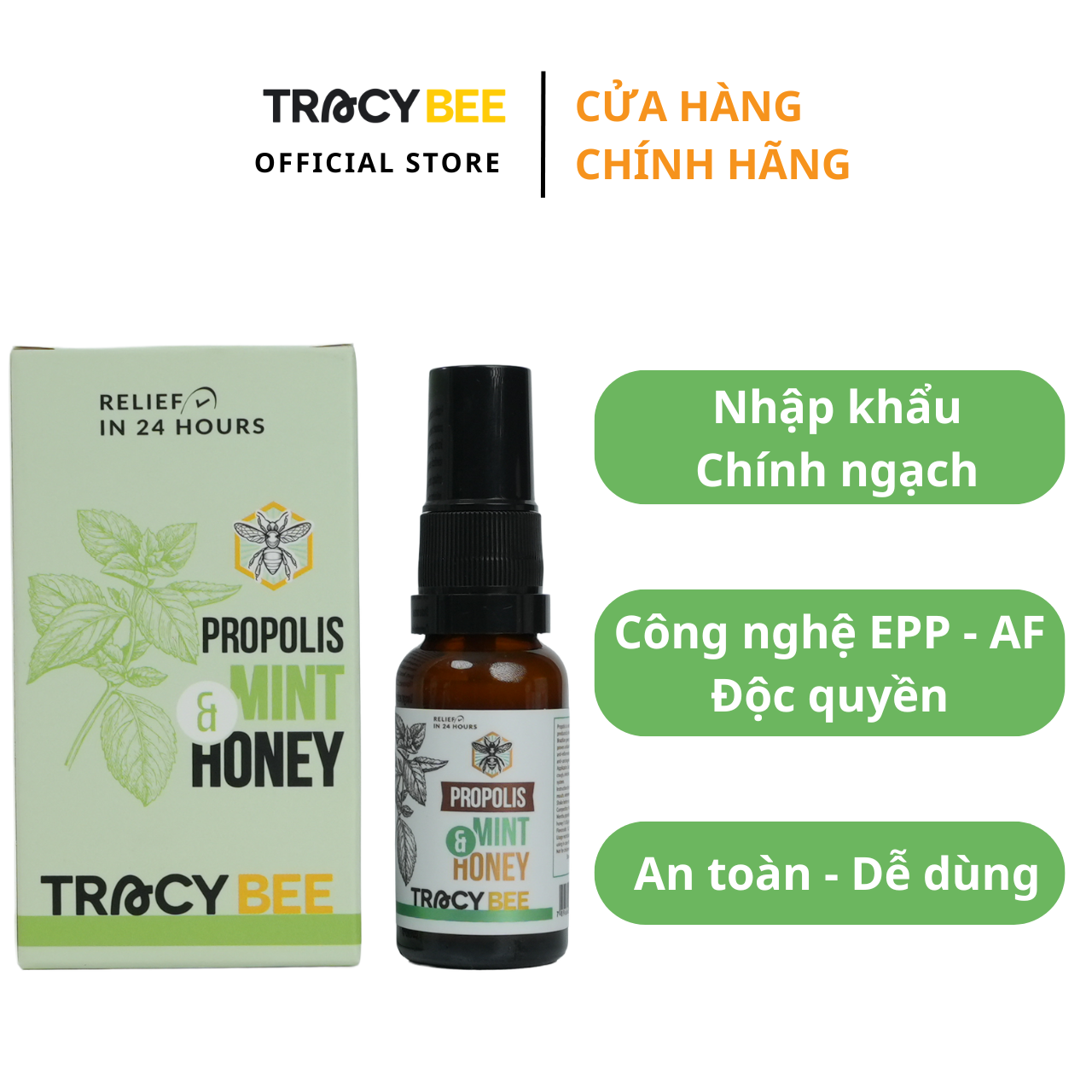 Keo ong xanh Tracybee Propolis Mint & Honey 20ml – giảm đau rát họng, ho, viêm họng (vị bạc hà) - Phân phối chính hãng