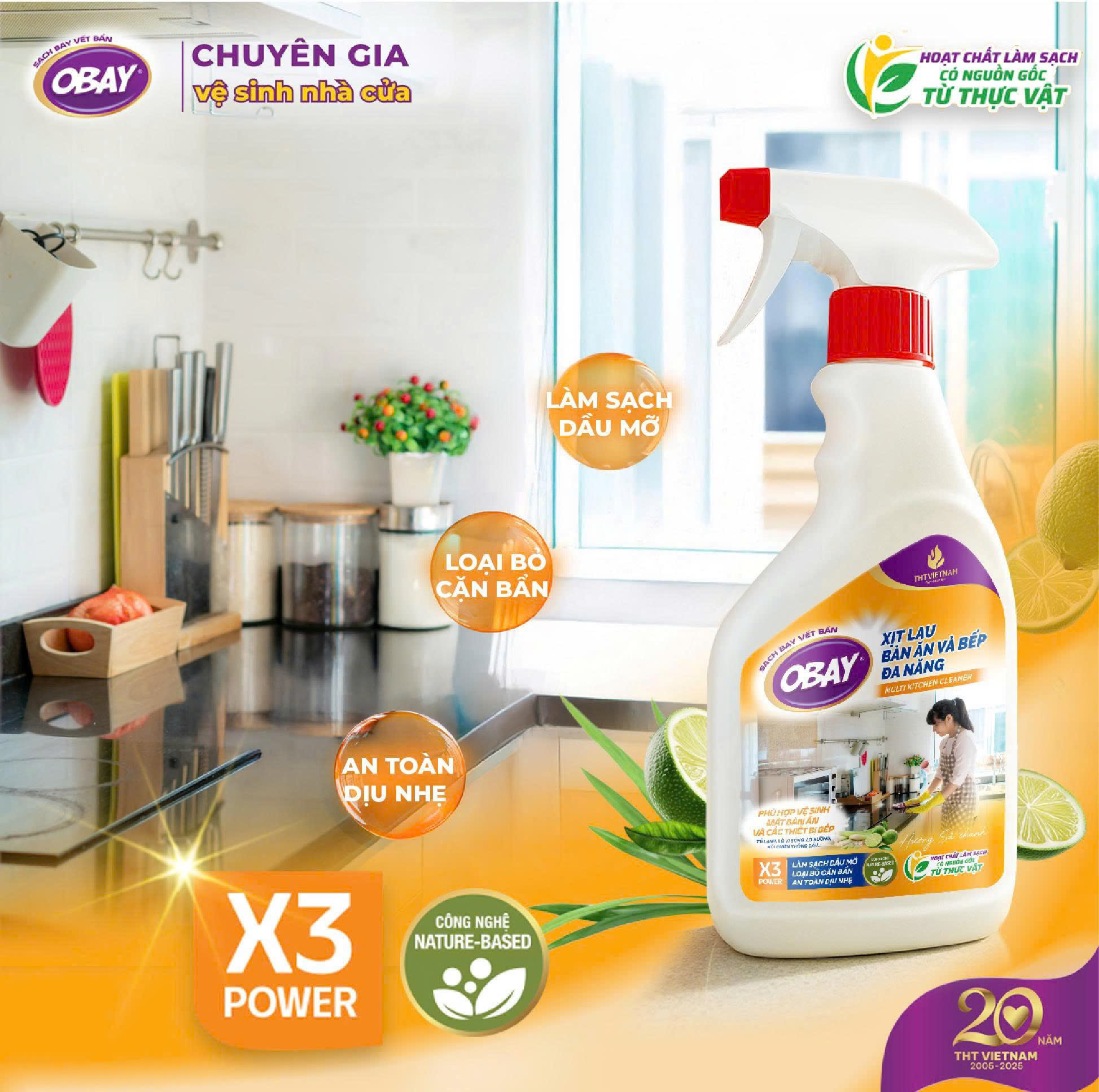 Xịt lau bàn ăn và bếp đa năng OBAY - Hương sả chanh 450ml