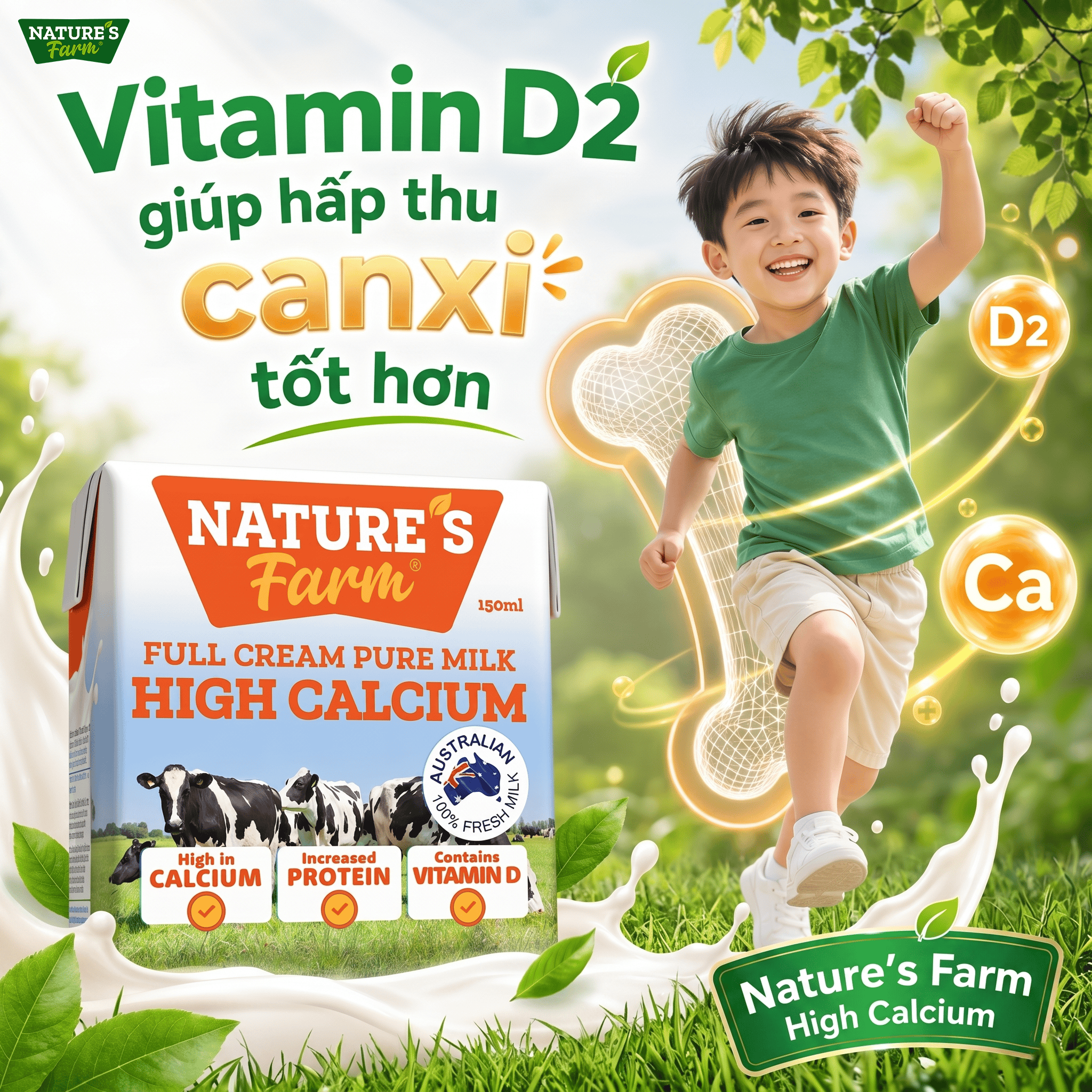 Thùng sữa Nature's Farm High Calcium 150ml - Sữa Úc Bò Nuôi Thả - Hỗ Trợ Tăng Chiều Cao