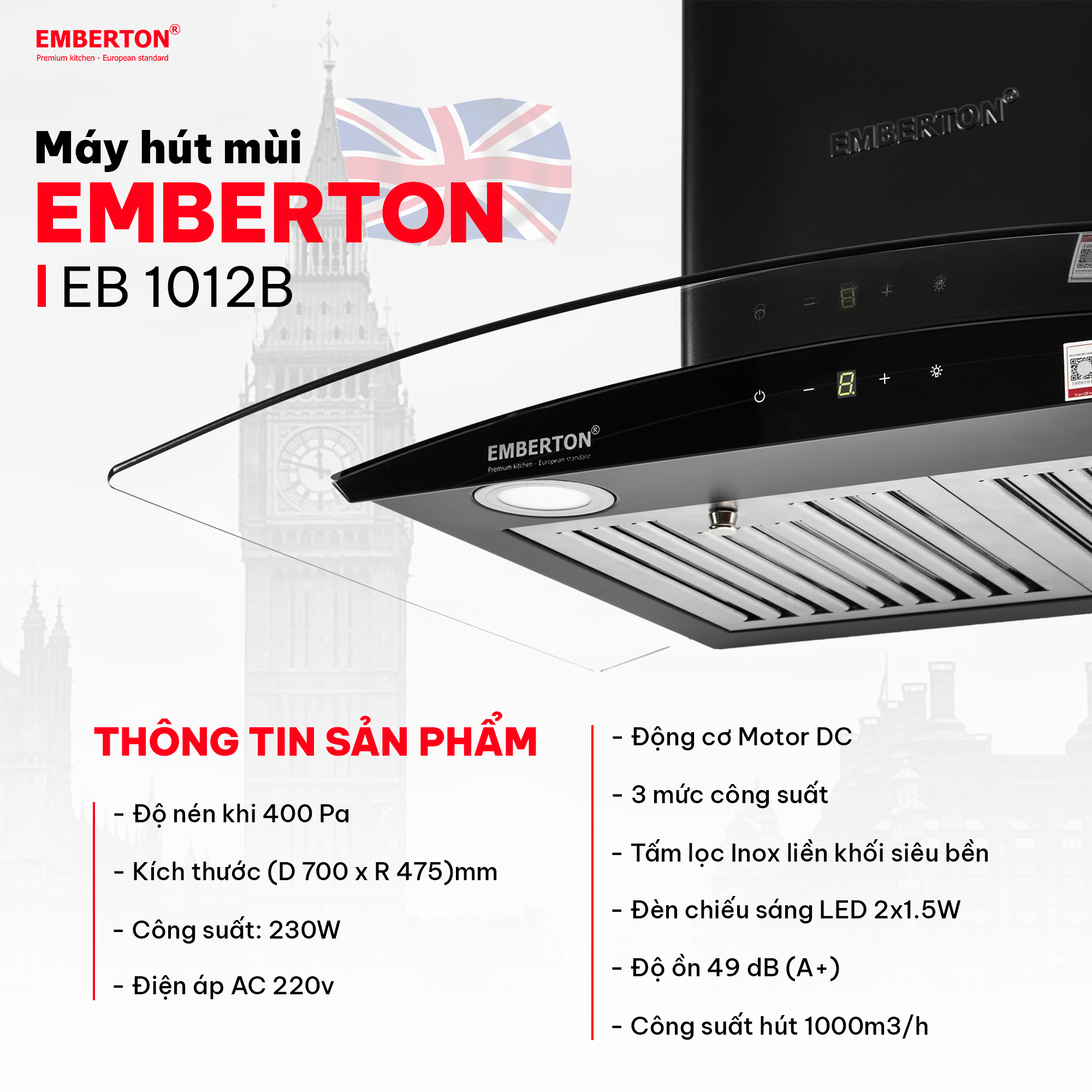 Máy hút mùi kính cong cảm ứng Emberton EB 1012B - 70cm