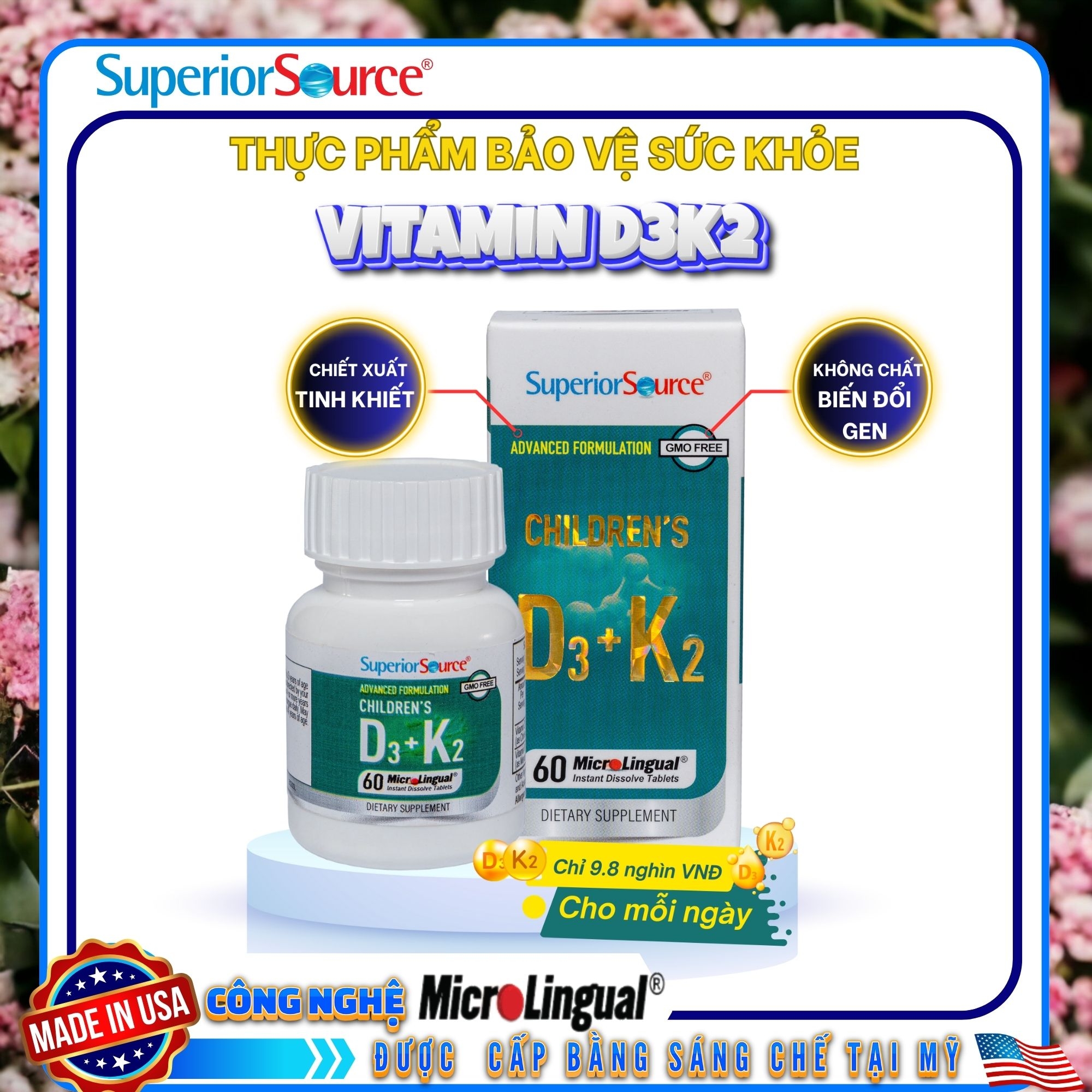 Children's D3 + K2 – Bổ sung vitamin D3 và K2, hỗ trợ hấp thu canxi, tốt cho xương và răng của bé