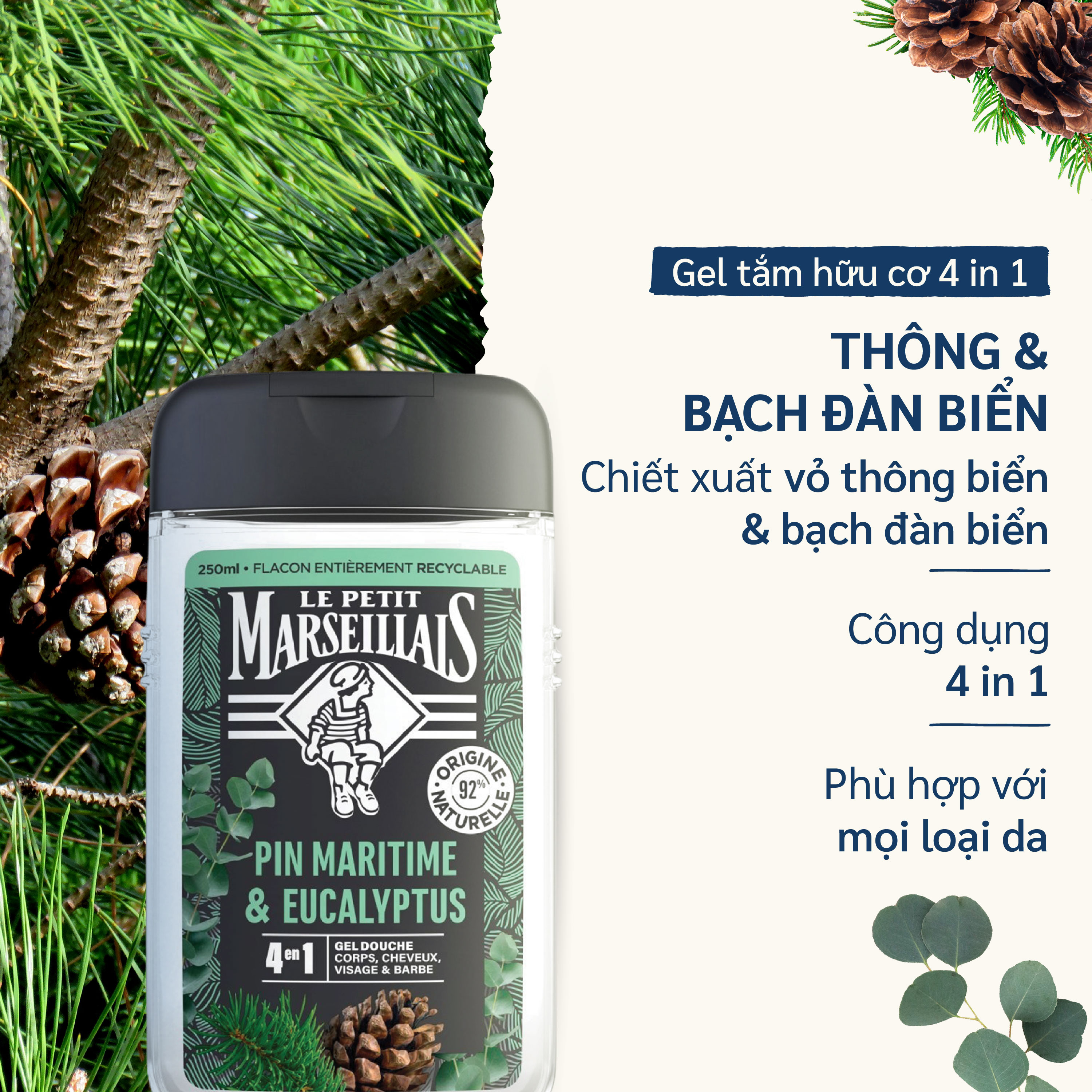 Sữa Tắm Dạng Kem/ Gel tắm Le Petit Marseillais 4 Trong 1 Dành Cho Cơ Thể, Tóc, Mặt Và Râu 250ml