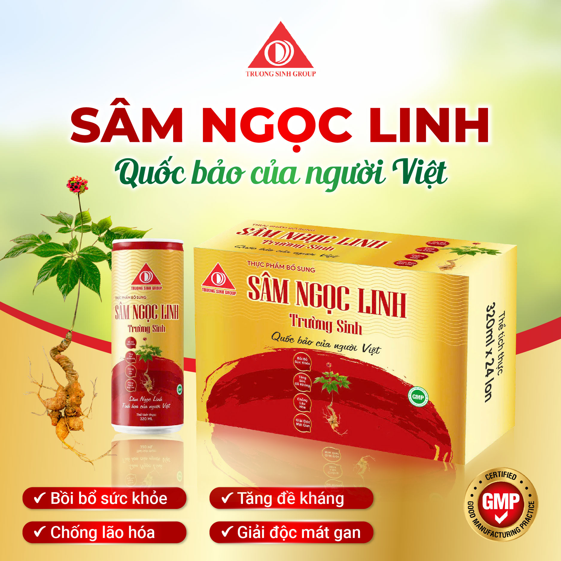 Sâm Ngọc Linh trường sinh đỏ (Thùng 24lon) - Phân phối chính hãng