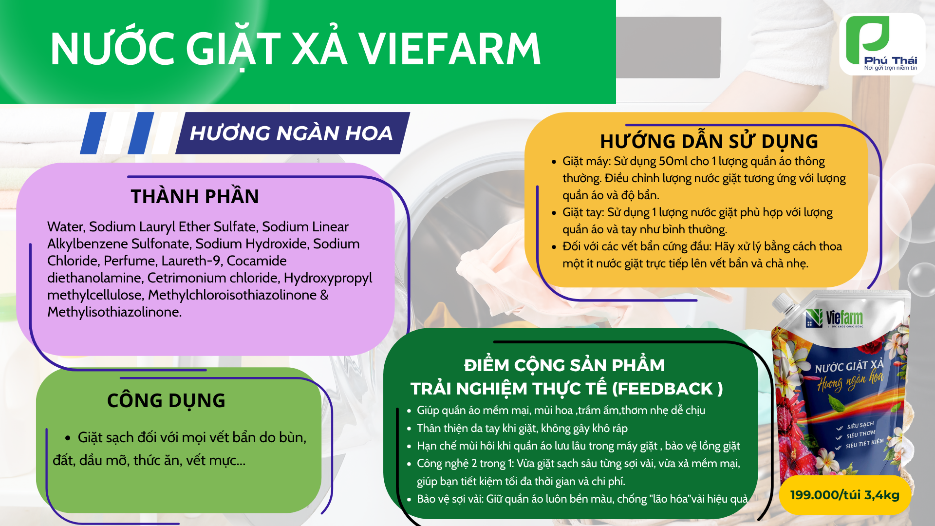 Nước giặt xả hương ngàn hoa VIEFARM (túi 3,4kg) - 8