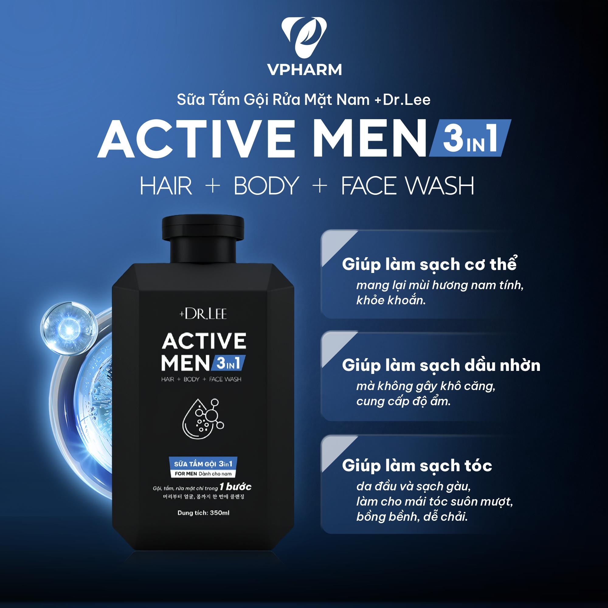 Sữa Tắm Gội Rửa Mặt Nam 3in1 +Dr.Lee Active Men 350ml – Dầu Gội Sạch Gàu, Sữa Tắm Mát Lạnh, Giảm Mụn Lưng