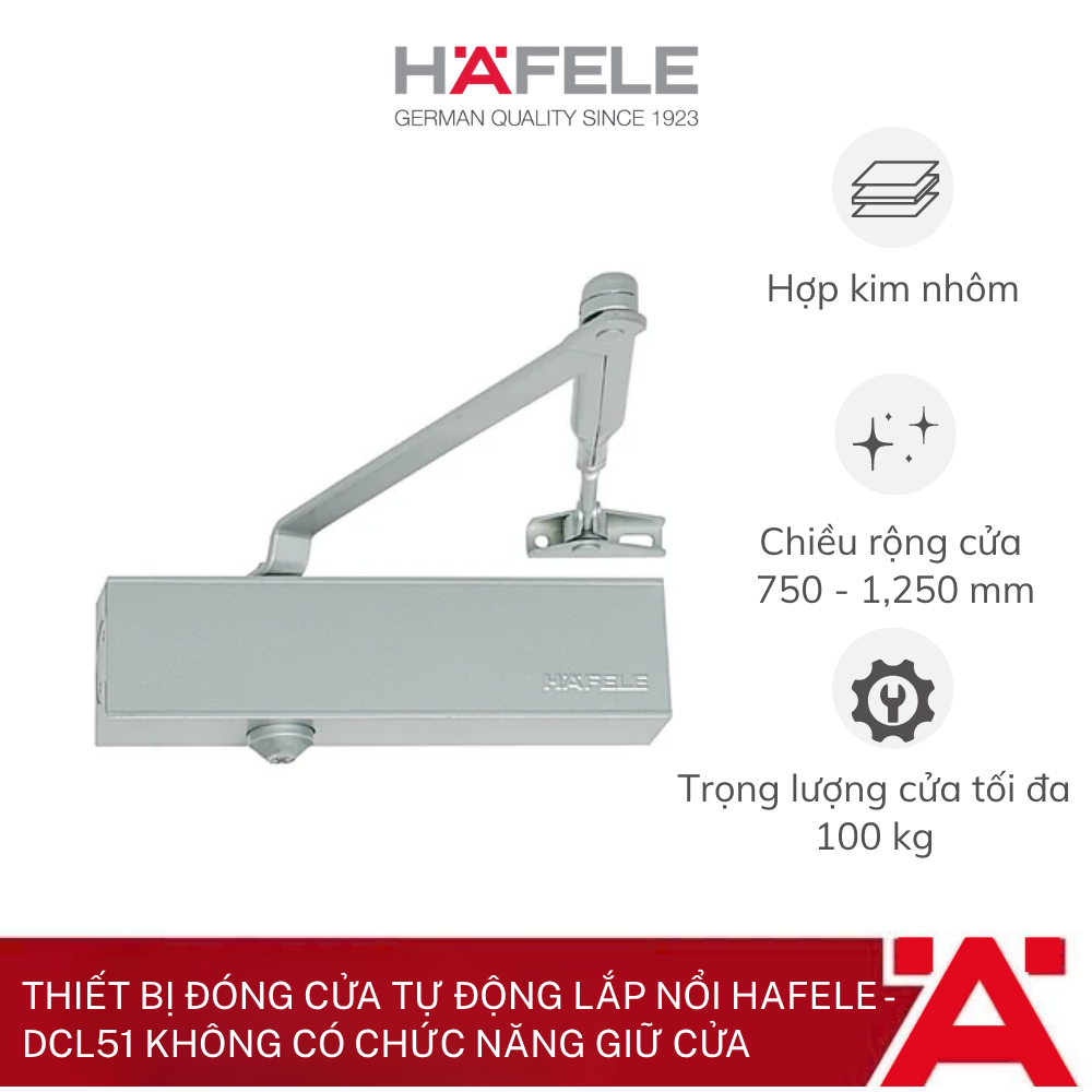 Thiết bị đóng cửa tự động lắp nổi Hafele - DCL51 không có chức năng giữ cửa 931.84.829