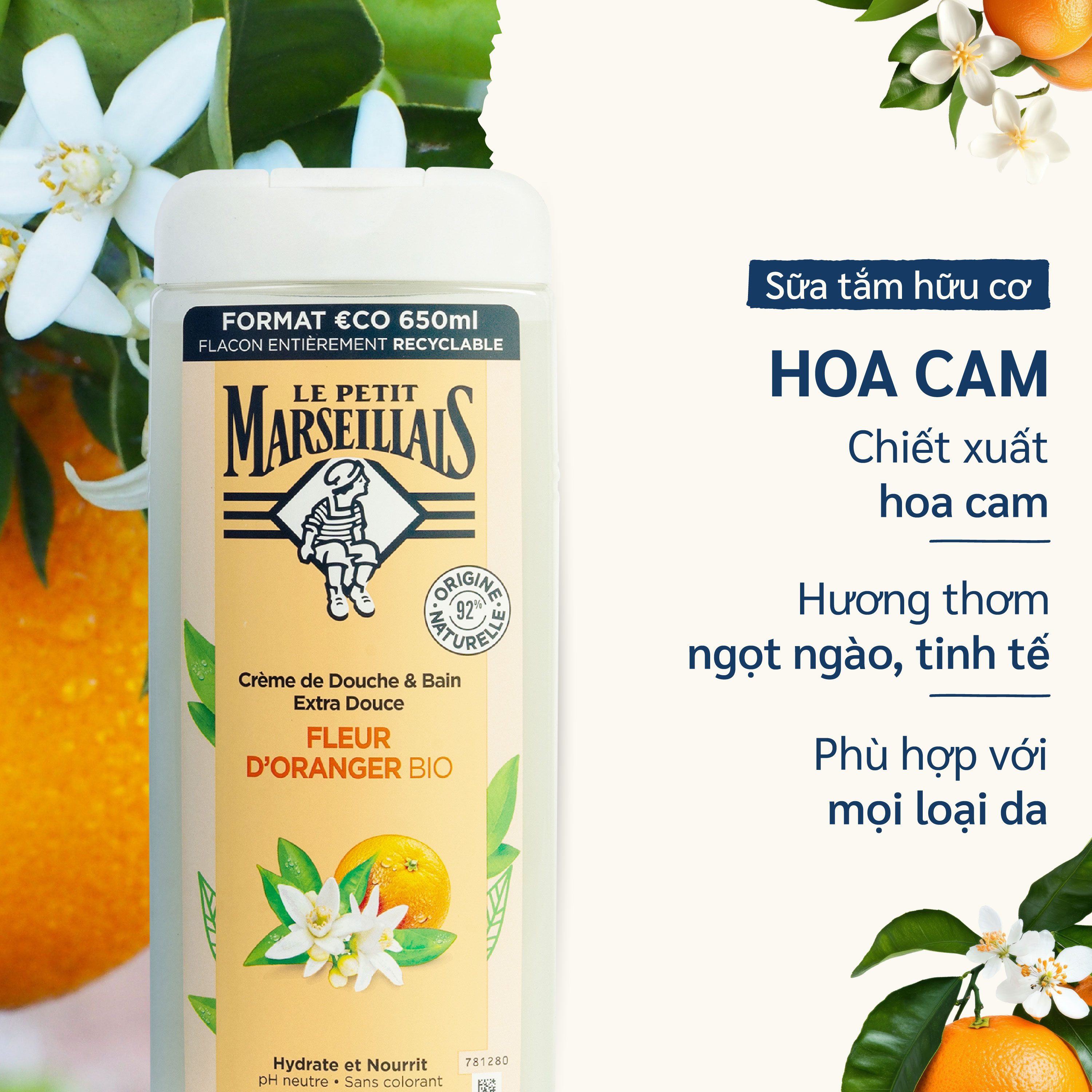 Gel tắm/ Sữa tắm và ngâm bồn dạng kem 92% hữu cơ LE PETIT MARSEILLAIS 650ml