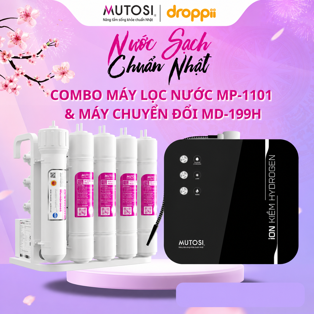 Combo máy chuyển đổi ion kiềm hydrogen Mutosi MD-199H & Máy lọc nước để gầm 11 lõi Mutosi MP-1101 - Phân phối chính hãng