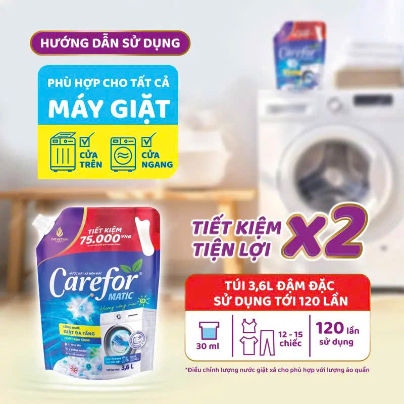 Nước giặt xả đậm đặc Carefor matic 3600ml (hương nắng mai)