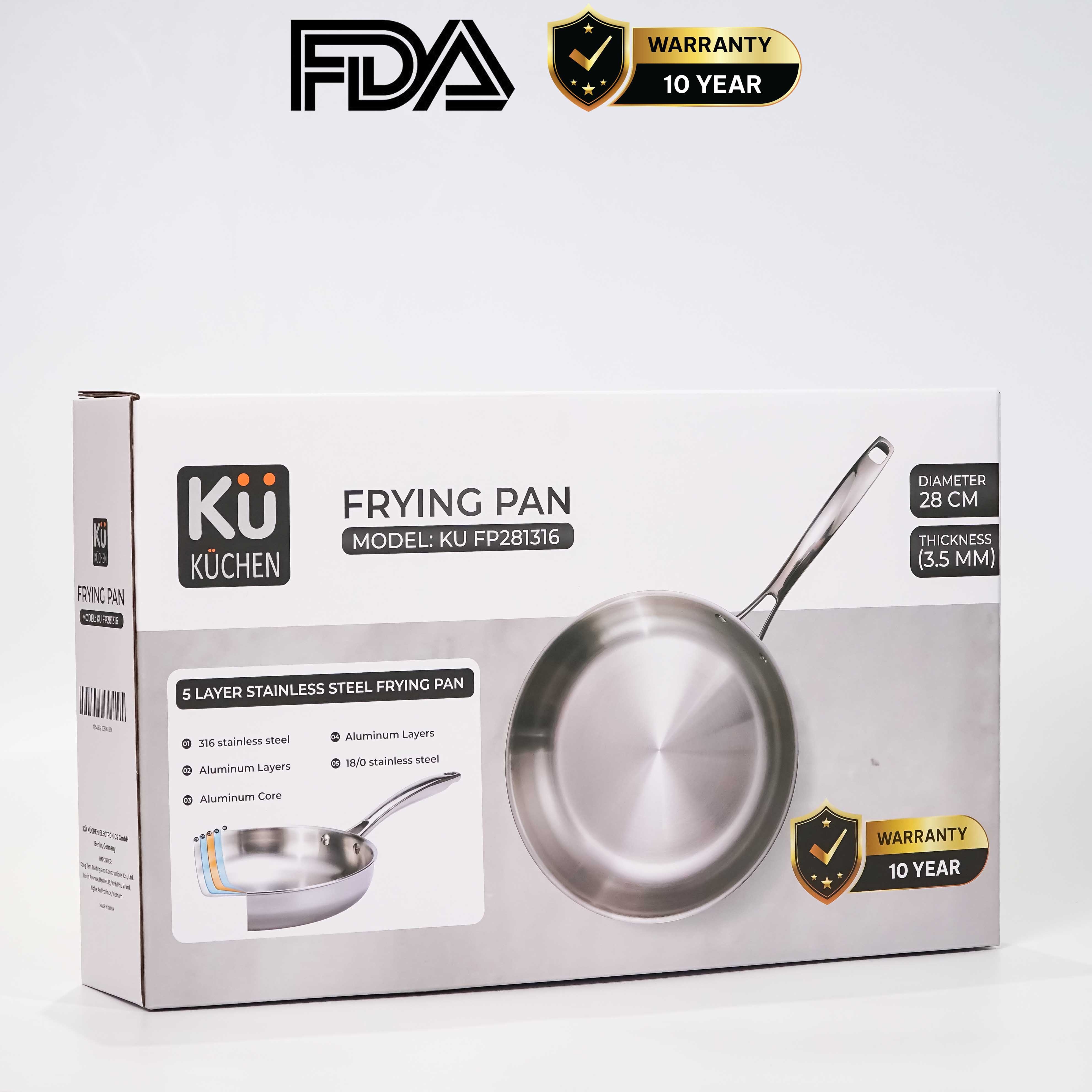 Chảo rán inox 316 28cm cao cấp KUCHEN KU FP281316