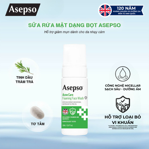Sữa rửa mặt dạng bọt ASEPSO dành cho da mụn chiết xuất tơ tằm và tinh dầu tràm trà tự nhiên Úc - Phân phối chính hãng