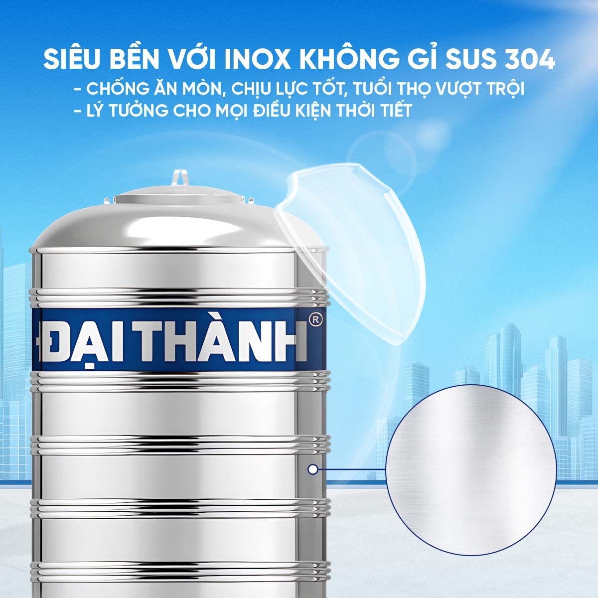 Bồn inox Đại Thành 304 đứng 4000l ĐK 1360 (Phân phối từ Kon Tum trở vào khu vực phía Nam)