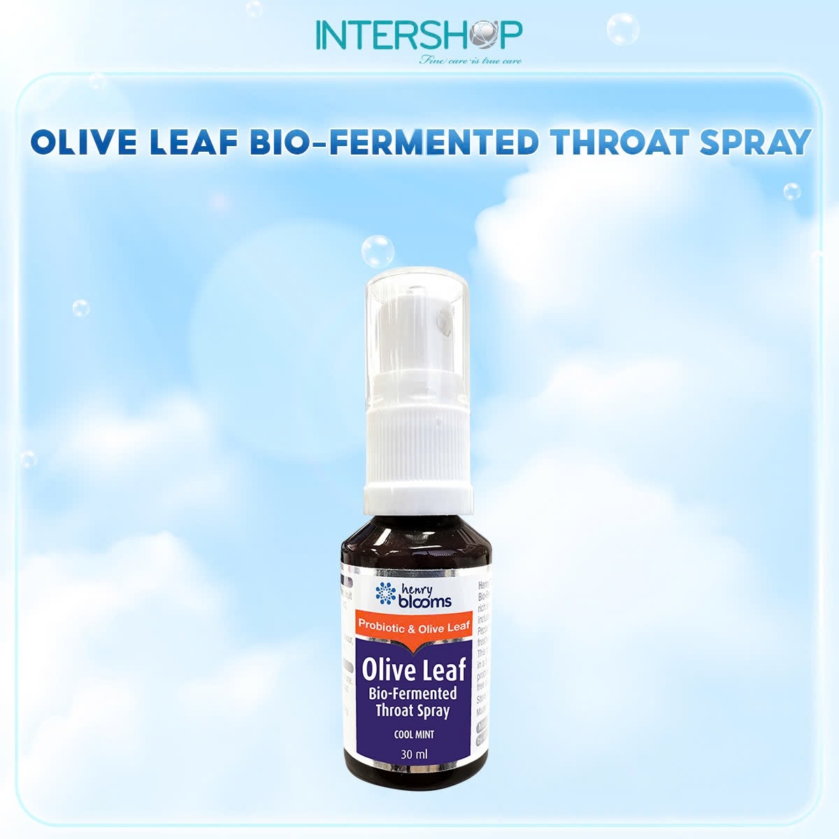 Xịt họng HENRY BLOOMS Olive Leaf Bio-Fermented Throat Spray giúp làm sạch răng miệng, giảm ho, đau họng (chai 30ml)