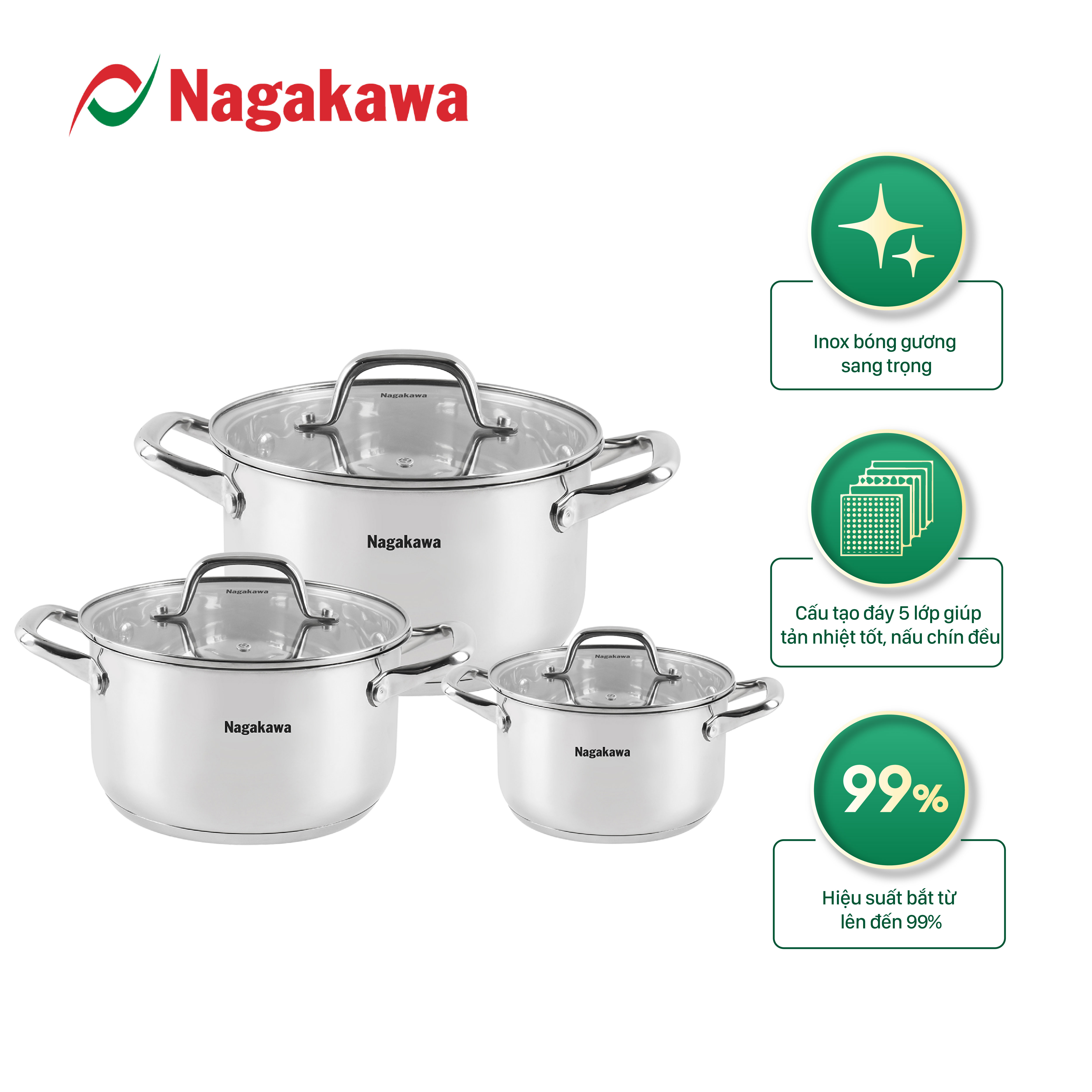 Bộ nồi inox Nagakawa NAG1360 - Phân phối chính hãng